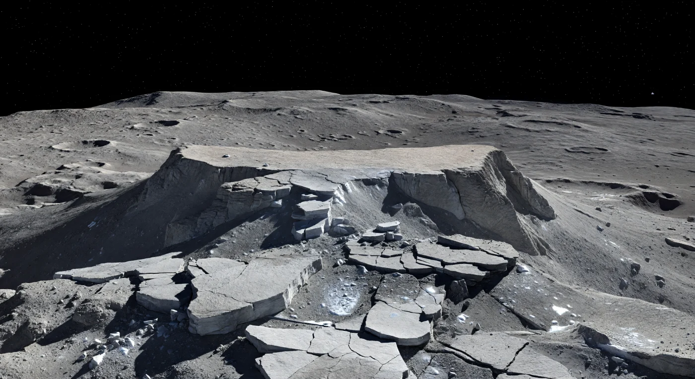 From the shattered crest of Ahuna Mons, you stand among angular slabs and broken ledges of pale gray icy rock, their sharp edges rimmed with cold light while black chasms and razor-shadowed fractures cut through the summit. The mountain’s crust is a frozen mix of hydrated rock, salts, and briny materials, with occasional bright glints where water ice or salt-rich surfaces are freshly exposed, while dark regolith dust gathers in cracks between brittle plates and talus blocks. Beyond the steep drop-offs, immense cratered plains spread outward in muted gray and brownish tones, their low rims, ejecta blankets, and smoother cryovolcanically altered patches bending subtly into a curved horizon that reveals the small scale and weak gravity of this world. Overhead, the sky remains perfectly black and seeded with stars even in daytime, because almost no atmosphere exists to scatter sunlight—only stark reflected illumination from beyond a ridge, turning the entire landscape into a silent, high-contrast panorama of ancient impacts, frozen brines, and cryovolcanic upheaval.