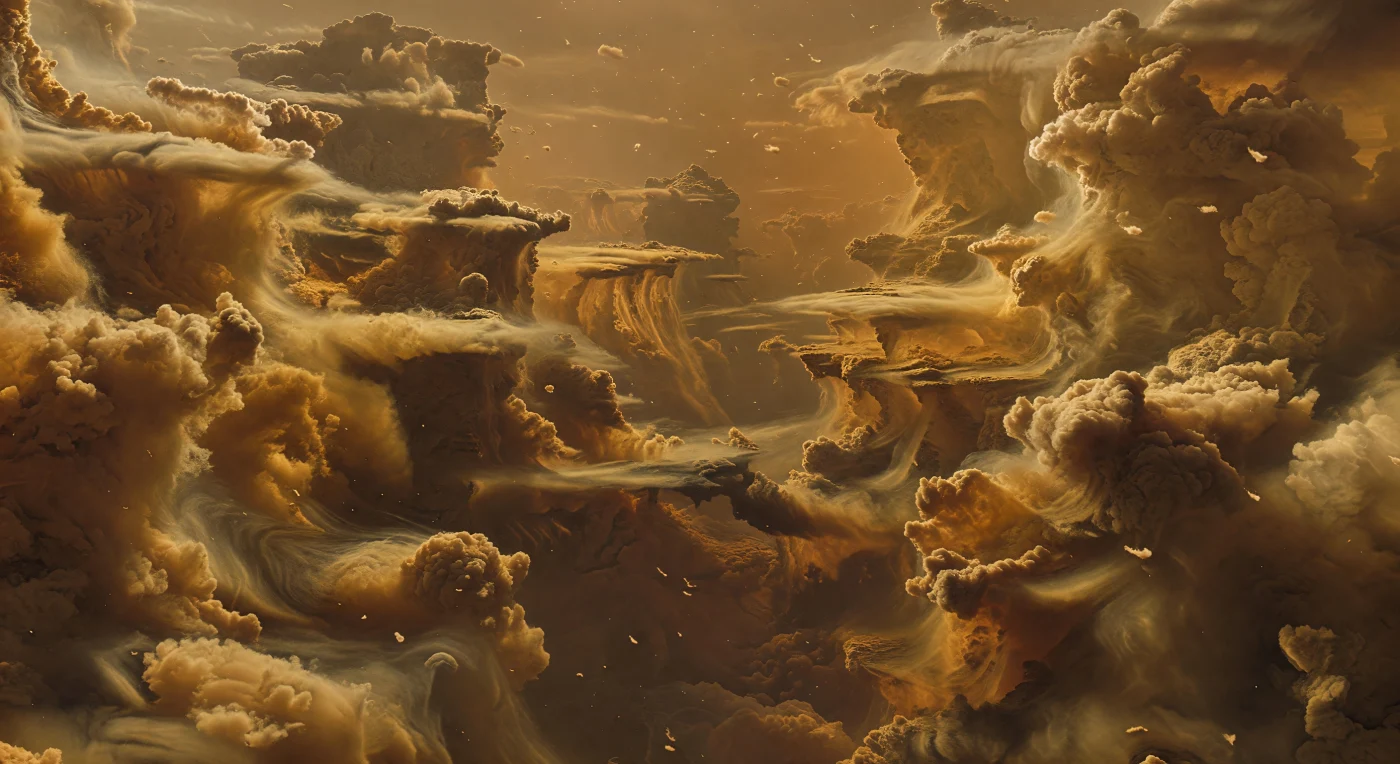 You drift through a colossal atmospheric corridor where no ground or horizon exists, only immense cloud walls rising and folding away into bronze obscurity like cliffs carved from storm itself. In this 1–3 bar realm, ammonium hydrosulfide-rich aerosols build towering escarpments, scalloped recesses, and collapsing plume curtains, while deeper, darker pockets hint at vigorous water-cloud convection below. Sunlight cannot penetrate here as a clear beam, so the entire scene glows with a dim, diffuse amber radiance—ochre, tobacco-gold, muted rust, and smoky brown suspended in layered haze that softens every edge and erases distance. The scale feels overwhelming: tiny wisps are swallowed by vertical ramparts stretching for kilometers through a dense hydrogen-helium atmosphere, where pressure exceeds Earth’s sea level and the landscape is not land at all, but weather made monumental.