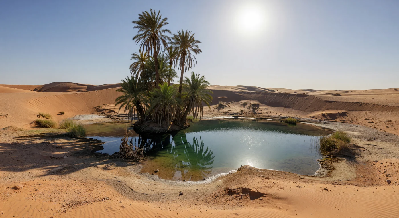 تقف عند حافة عينٍ صحراوية تبدو كمعجزة هيدرولوجية صغيرة: بركة صافية يتدرّج لونها من الفيروزي عند الأطراف إلى الأزرق المخضر الأعمق في الوسط، حيث تكشف صفاء المياه وانعكاس السماء والمحتوى المعدني عن نبعٍ يغذّيها باستمرار وسط جفاف شبه كامل. تحيط بها نخيل التمر بسوق بنية رمادية ليفية تحمل آثار قواعد السعف القديم، وتعلو فوقك تيجان خضراء كثيفة تلقي ظلالاً حادة على الرمل الرطب الداكن والقشور الملحية المتبخرة عند خط الماء، بينما لا يبدأ وراءها إلا بحر من الكثبان ذات الرمال الغنية بالكوارتز والمصبوغة بأكاسيد الحديد بألوان تان وبرتقالي وأحمر بني، محفورة بتموجات ريحية دقيقة وانزلاقات على الوجوه الشديدة الانحدار. هذا التباين الحاد بين الماء والنبات من جهة، والصحراء الجافة من جهة أخرى، يشرح كيف يمكن لمياه جوفية صاعدة إلى السطح أن تخلق واحةً موضعية في مناخ حار منخفض الرطوبة، حيث يشتد الإشعاع الشمسي وتكاد الرطوبة السطحية تنعدم خارج أمتار قليلة من البركة. تحت قرص شمسي أبيض صغير في سماء زرقاء باهتة تكاد تخلو من السحب، ومع لمعان الضوء على سطح الماء وارتجاف الهواء فوق الكثبان، يبدو المشهد واسعاً وصامتاً على نحو يجعلك تشعر بضآلة الإنسان أمام دقة التوازن بين الجيولوجيا والماء والحياة.