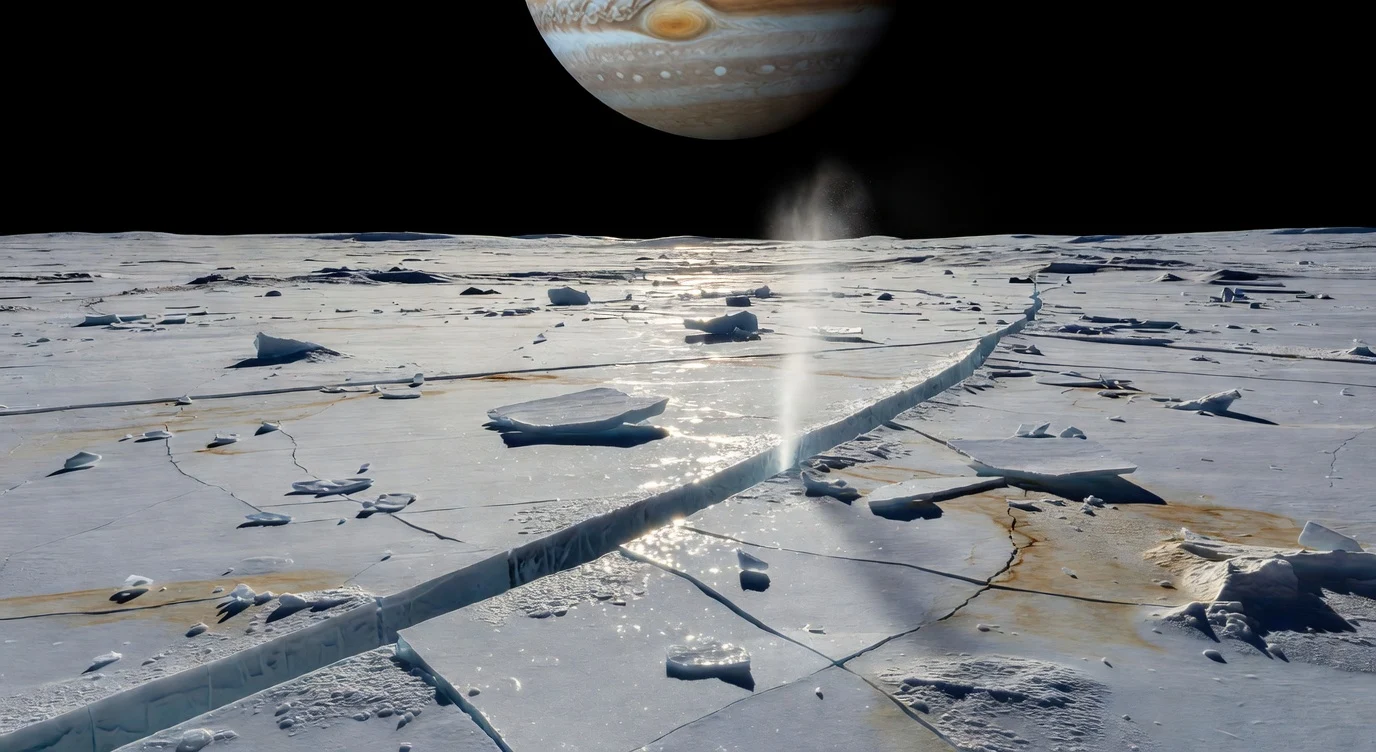 At your feet, a fresh fracture slices diagonally through the bright ice crust, its shadow-black interior bordered by sparkling aprons of newly condensed frost and surrounded by jagged slabs, low hummocks, and faint rust- and tan-colored stains left by salts and radiation-altered sulfur compounds. Beyond it stretches a smooth yet densely broken plain of water ice, etched with ridges, bands, pits, and patches of disrupted crust, while the gently curving horizon and low gravity make every sharp edge seem unnaturally crisp. In the airless darkness above, a narrow plume of water vapor and fine ice grains rises from the crack as a ghostly fan, visible only where the distant Sun catches its rim and turns it silver against space before it thins into vacuum. Overhead, Jupiter looms immense and banded, while the fissure below hints at the tidal flexing that fractures the ice shell and may connect this frozen surface to a hidden saline ocean far beneath.