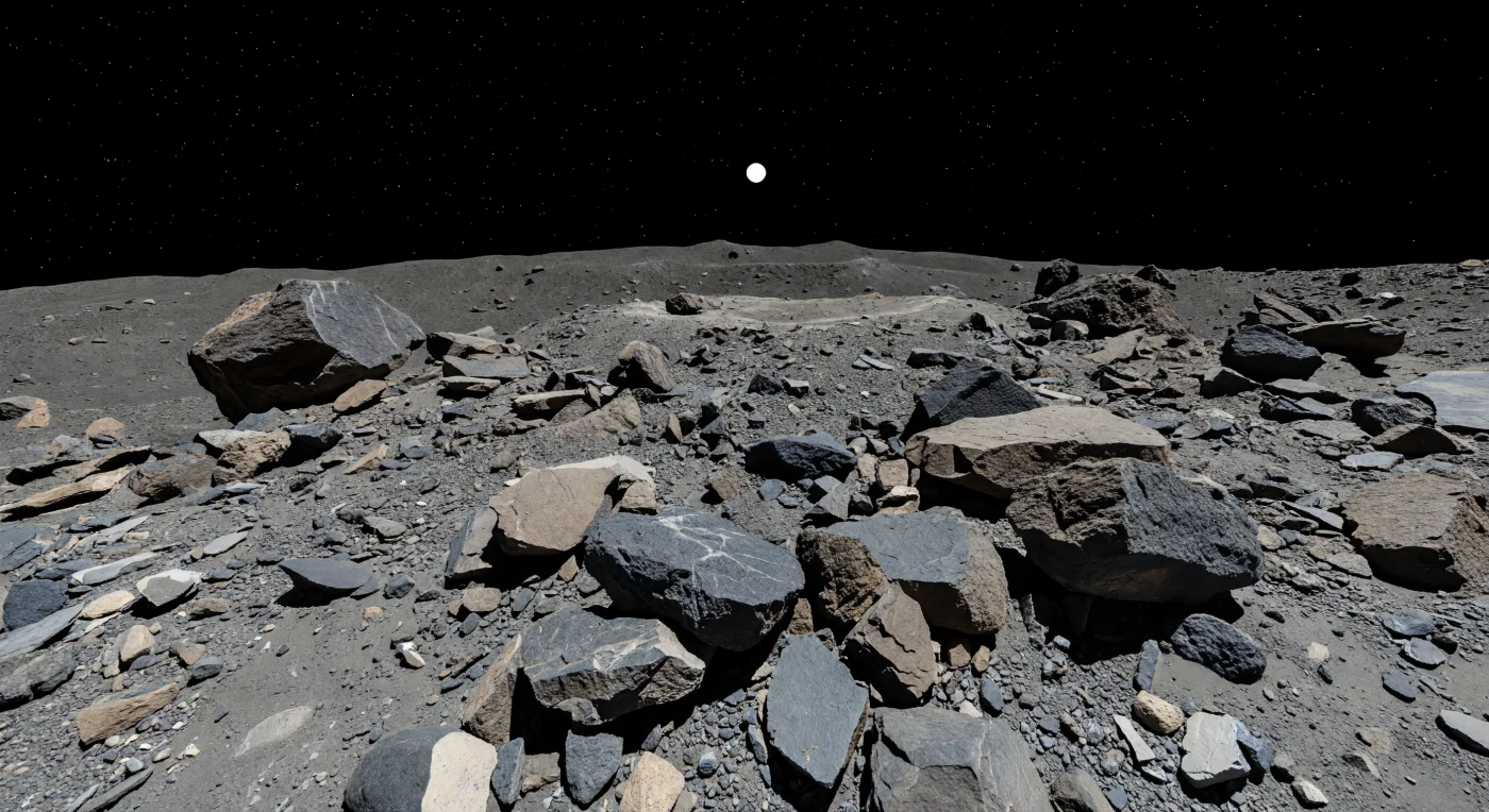 At ground level, the crater’s ejecta apron is a chaotic spill of angular basaltic blocks and shattered breccia, from knife-sharp gravel underfoot to fractured monoliths large enough to dwarf a house, all clinging to slopes that seem impossibly steep in such weak gravity. Between dark slabs of eucritic and diogenitic crust, pockets of pale regolith dust have collected in sheltered cracks, while fresh broken faces and occasional glassy, impact-sheared surfaces reveal the violence that excavated this rubble from deeper layers of an ancient differentiated body. The sunlight, weaker than at Earth’s distance yet unsoftened by any atmosphere, strikes every rock with brutal clarity, turning sunlit surfaces charcoal, ash gray, and muted brown while shadows fall as absolute black voids. Beyond the unstable-looking piles of perched boulders, the land drops quickly toward a startlingly near curved horizon, where low crater rims and ridges rise like miniature mountains beneath a star-filled black sky.