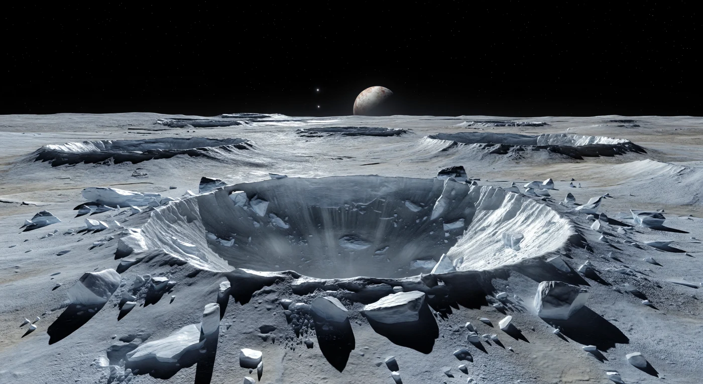 From the edge of a remarkably young impact crater, the landscape is a study in frozen violence: a sharply raised rim drops into steep terraced walls strewn with shattered blocks of water-ice bedrock, while bright white and pale gray ejecta radiate across the older, darker ground like a fresh dusting of frost. That brilliance is real geology—recent excavation has exposed clean water ice from beneath a space-weathered surface of grayer, contaminant-darkened ice, and the crater’s crisp crest, slump scarps, hummocky ejecta, and secondary pits all signal that little time has passed since the impact. In the weak sunlight of the far outer Solar System, every jagged boulder throws a long black shadow across the airless terrain, and fresh ice faces flash with hard silver glints under a tiny, piercing Sun. Above the immense silent bowl, a black sky without haze or cloud is anchored by the fixed disk of Pluto low on the horizon, making the scene feel both intimate in its fractured detail and enormous in its frozen, tectonic stillness.