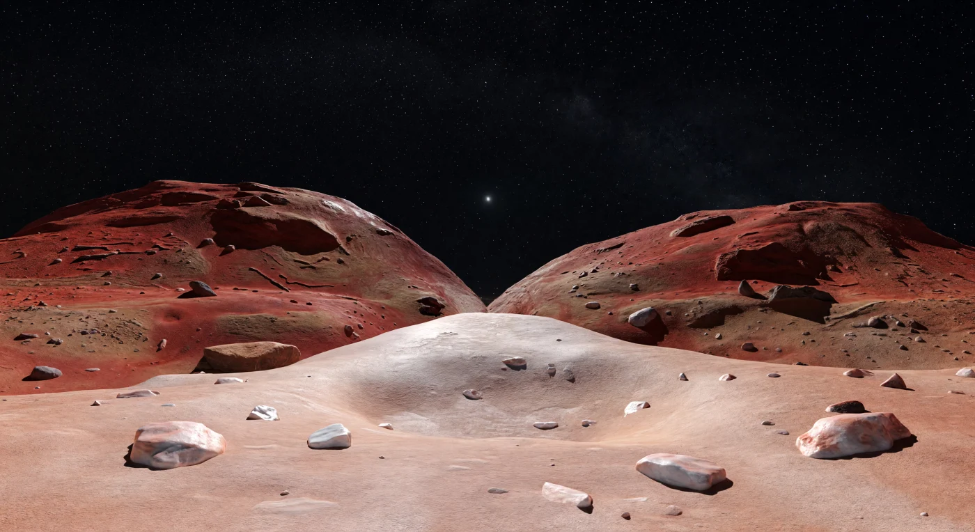 You stand in a narrow, gently scooped saddle where the two flattened lobes meet, on a surprisingly smooth patch of pale salmon-tan regolith that looks faintly frosted against the surrounding dark, ultra-red terrain. On either side, the lobe walls rise like immense rust-colored headlands, their organic-rich, tholin-coated crust marked by shallow pits, softened terraces, sparse small craters, grooves, and precariously perched icy boulders—landforms shaped not by wind or water, but by eons of impacts, sublimation, and the strange mechanics of vanishingly low gravity. This bright neck is thought to preserve fine icy material that settled into the contact region after an extraordinarily gentle merger of two primordial planetesimals, leaving behind one of the Solar System’s most pristine relic surfaces, frozen near 40 K for billions of years. Above it all hangs a perfectly black, airless sky crowded with sharp stars, while the far-distant Sun shines only as a brilliant point, casting hard, low-angle light and razor-edged shadows that make the softly reflective ices glow eerily in the deep silence.