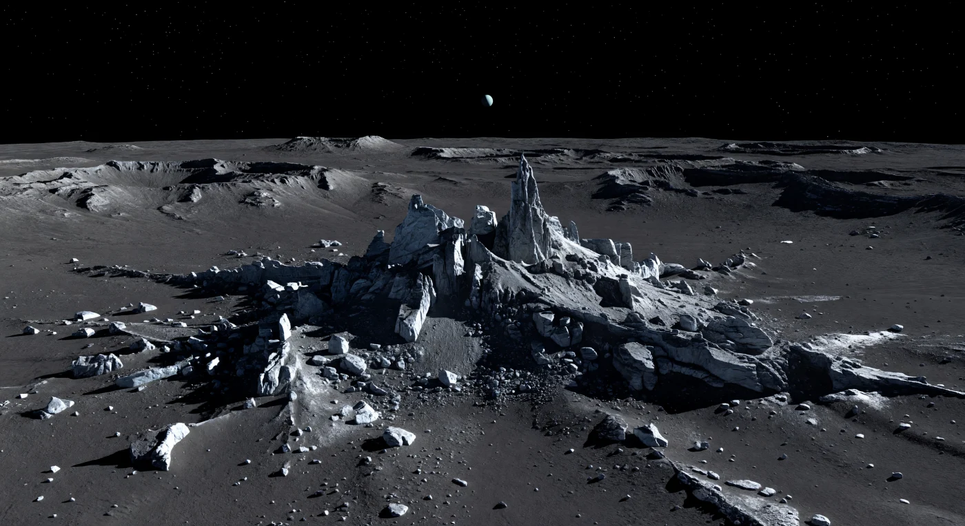 From the floor of this immense ancient crater, a shattered central peak massif rises in jagged cold-gray knobs and steep ice-rich spires above a plain of charcoal-dark debris, its fractured faces split between dazzling white highlights and pitch-black shadow under the hard, tiny Sun. The rock-like bedrock here is dominated by water ice mixed with dark carbon-rich material, while fresher uplifted blocks exposed by the impact appear slightly brighter, with frost-bright fracture edges, blocky talus aprons, scattered boulders, and fine regolith dust pooled in sheltered hollows. In the weak gravity, cliffs and precarious stacks of broken material stand unusually sharp, and beyond them the crater interior stretches toward distant, heavily cratered uplands and overlapping rims that speak to a surface ancient, battered, and only lightly modified over eons. Above it all hangs a perfectly black, airless sky—stars sharp and unwavering, and perhaps a small pale cyan disk on the horizon—making the silence, scale, and stark contrasts of this icy landscape feel almost unreal.