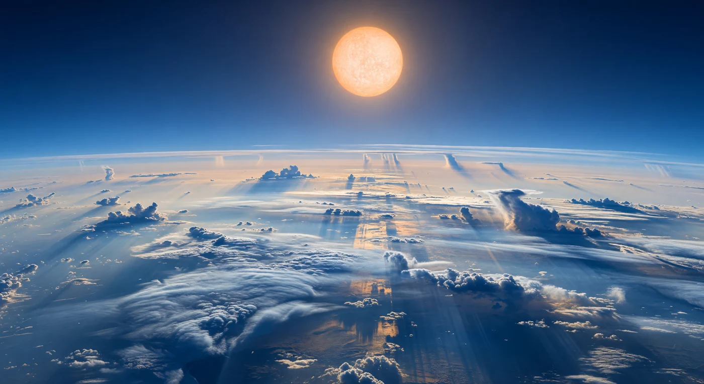 Beneath a blazing orange-white star swollen to many times the apparent width of the Sun, an immense silver-blue ocean of cloud tops arcs away with the planet’s curvature, its smooth haze deck broken by wind-combed streaks, anvil-shaped condensate banks, and distant convective towers rising like vapor mountains. The deep cobalt sky is colored not by water, but by high silicate haze and scattering in a superheated atmosphere, where the cool metallic blues conceal infernal conditions hot enough for rock-forming materials to exist as aerosols and condensates. Here there is no ground at all—only layered atmosphere descending into darker ultramarine depths, with occasional far-off sheets of glass-rich precipitation likely driven nearly sideways by supersonic winds. Standing in this view would feel like hovering above a luminous weather ocean on a giant world, suspended over endless cloud architecture shaped by heat, chemistry, and violence on a planetary scale.