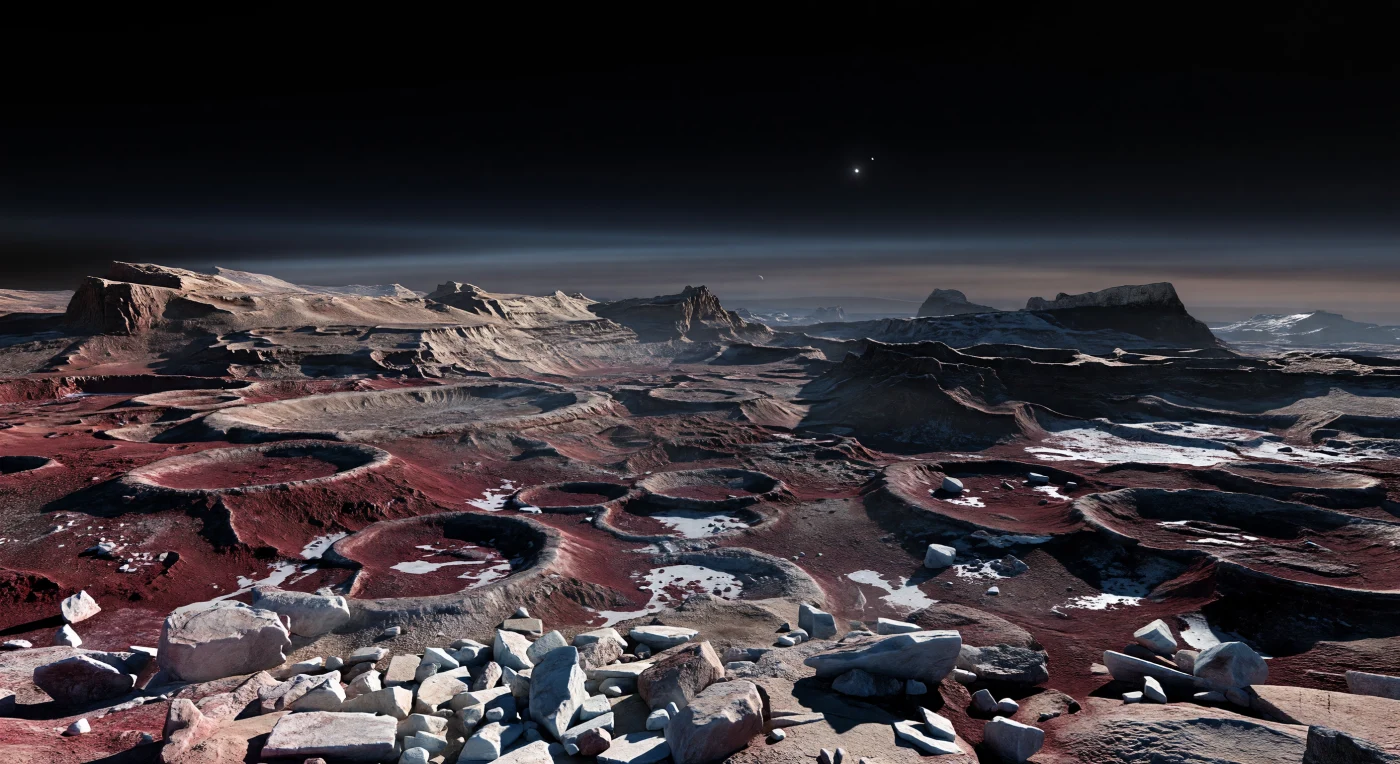 At ground level, the badlands stretch away as a maze of ancient crater rims, jagged scarps, and fractured uplands stained rust-red, crimson, and dark brown by tholins—complex organic residues formed when sunlight and radiation alter methane and nitrogen ices over immense spans of time. Beneath that reddish mantle, the landscape is built from bedrock-hard water ice, broken into sharp, angular boulders and ridges, with faint patches of nitrogen and methane frost lingering in cold shadowed hollows across this deeply eroded, impact-scarred terrain. The distant Sun appears tiny yet piercing, casting long, razor-edged shadows across the brittle ice-rich regolith, while a thin nitrogen atmosphere layers the horizon in blue-gray and purple-brown haze, turning the daylight into a dim, smoky twilight despite the blackness of space above. Standing here, you would feel the vast age and scale of this frozen wilderness—kilometer-wide crater walls and sublimation-carved troughs fading into murky highlands, with every cold gleam of exposed ice and every dark organic stain speaking of chemistry, impacts, and erosion in the far outer solar system.