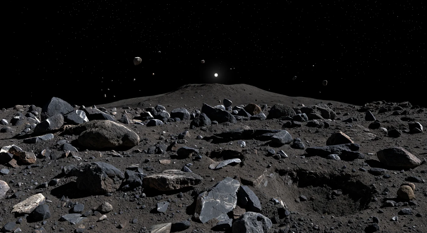 Vor Ihnen liegt eine raue, kohlenstoffreiche Gerölllandschaft aus tiefschwarzen bis schiefergrauen Brocken, zerborstenen Platten und gestörtem feinem Regolith, deren poröse Oberflächen Spuren von thermischer Zerrüttung und langsamer Materialwanderung unter extrem schwacher Schwerkraft zeigen. Über dem unebenen Boden steigen einige millimeter- bis zentimetergroße Kiesel in stillen, flachen ballistischen Bögen auf — kein Staub, kein Gas, nur sauber getrennte Fragmente, die von einem natürlichen Auswurfereignis zeugen, wie er auf einem lockeren Rubble-Pile-Körper möglich ist. Frische Bruchflächen blitzen vereinzelt im harten, ungefilterten Sonnenlicht auf, während alle Schatten messerscharf und vollkommen schwarz in das Vakuum geschnitten sind. Am überraschend nahen, sichtbar gekrümmten Horizont heben sich nur niedrige Rücken und kleine Einschlagmulden ab, was die winzige Größe dieser urtümlichen Welt fühlbar macht, deren dunkles Gestein hydratisierte Minerale und ursprüngliches Material aus der Frühzeit des Sonnensystems bewahrt.