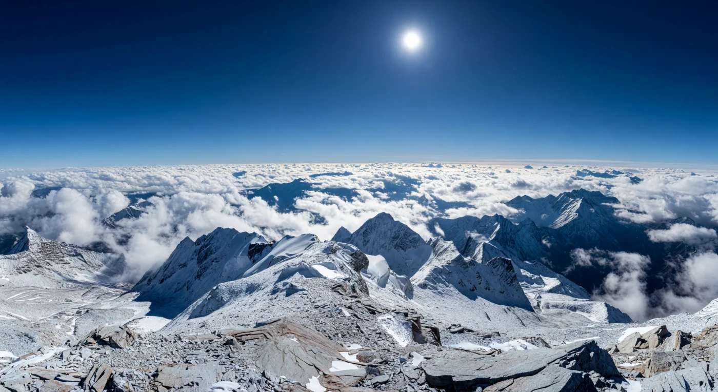 Vom zerklüfteten Kamm eines über 6.000 Meter hohen Gipfels fällt der Blick über kantige, frostgesprengte Felsen in kalten Grau- und Brauntönen, durchzogen von Schichtungen, rostigen Mineralverfärbungen und schattigen Spalten, in denen sich hartnäckige Reste von Schnee und blauweißem Eis halten. Tief unter dem Standort füllt ein geschlossenes Wolkenmeer die Täler wie eine leuchtende, schaumartige Ebene, aus der fernste, messerscharfe Bergketten herausragen, während die außergewöhnlich trockene und dünne Luft Sichtweiten von weit über 100 Kilometern ermöglicht. Über allem spannt sich ein ungewöhnlich dunkles Kobaltblau, das zum Horizont hin heller wird – ein Effekt der stark verminderten Rayleigh-Streuung in großer Höhe –, und die kleine, gleißend weiße Sonne wirft kurze, harte Schatten, deren kühler Blauton vom gestreuten Himmelslicht stammt. In dieser lebensfeindlichen, fast sterilen Höhe, wo kein Pflanzenwuchs und kein flüssiges Wasser mehr sichtbar sind, vermitteln die subtile Krümmung des Horizonts und der Eindruck nahen Weltraums zugleich die Geologie des Gebirges und die planetare Größe der Welt unter Ihren Füßen.