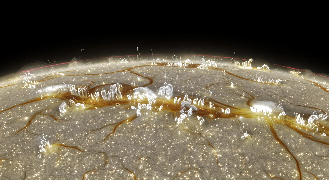 Nahe dem Sonnenrand dehnt sich ein endloses Feld aus scharf gezeichneten Granulen aus, als bestünde die Fotosphäre aus glühendem Zellenschaum: helle gelbweiße Konvektionszentren, getrennt durch dunklere orangegoldene Zwischenbahnen, in denen kühlere Plasmaströmungen absinken. Dazwischen ragen faculare Rücken und dicht gepackte magnetische Helligkeitspunkte wie zerklüftete, weißgoldene Riffe empor, durch die schräge Blickrichtung flachgedrückt und am Horizont zu leuchtenden Kämmen zusammengeschoben; kleine dunkle Poren markieren magnetisch gebremste, etwas kühlere Plasmatäler statt irgendwelcher Krater. Über dem Rand liegt ein schmaler, unruhiger Saum aus rötlich-pinker Chromosphäre und ein hauchfeiner, perliger Koronaglanz, während dahinter das Weltall pechschwarz bleibt und die starke Randabdunkelung den Hintergrund der Sonnenscheibe merklich matter erscheinen lässt. Jede Struktur wirkt kilometer- bis hunderte Kilometer groß, jede Fibrille und jedes Spikulum steht kristallklar in der brutalen, selbstleuchtenden Helligkeit dieses feurigen, magnetisch geformten Plasma-Landes.