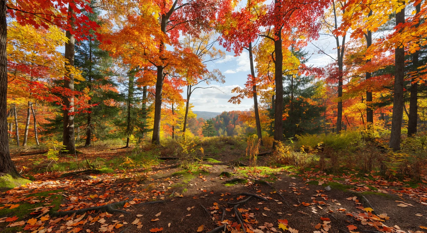 Auf Augenhöhe mit dem Waldboden öffnet sich ein reifer Laubwald in seinem herbstlichen Höhepunkt: Über graubraunen, tief gefurchten Eichenstämmen, glatten Buchen und dunkleren Ahornrinden spannt sich ein dichtes Kronendach aus leuchtendem Rot und Orange, erzeugt durch Anthocyane, aus Goldgelb der Carotinoide und aus verbliebenem Chlorophyllgrün, das von immergrünen Nadelbäumen kühl kontrastiert wird. Das Licht der tief stehenden Sonne fällt in einem Winkel von etwa 45 Grad durch unregelmäßige Lücken der Baumkronen, lässt die wachsigen Blattoberflächen warm aufglühen und wirft scharf gezeichnete, doch weiche Schattenspiele über dunklen Lehmboden, freiliegende Wurzeln, verwitterte Steine, Moospolster und eine raschelnde Streu aus frisch gefallenen Eichen-, Ahorn- und Buchenblättern. In der klaren, kühlen Luft des Herbstes, unter einem blassen blauen Himmel mit verstreuten Wolken, wirken die bereits einsetzende Seneszenz der Krautschicht, die ausbleibende Insektenaktivität und die teilweise entlaubten Äste wie deutliche Zeichen eines saisonalen Übergangs, in dem Pigmentchemie, Lichtwinkel und Feuchtigkeit gemeinsam diese kurzlebige, biologisch hochproduktive Landschaft prägen. Zwischen offenen Sichtachsen staffelt sich der Wald in weiche Tiefenräume, zugleich intim und weit, sodass man das Gefühl hat, mitten in einem lebendigen, stoffreichen Ökosystem zu stehen, dessen Schönheit direkt aus den Prozessen von Photosynthese, Nährstoffrückzug und Zersetzung entsteht.