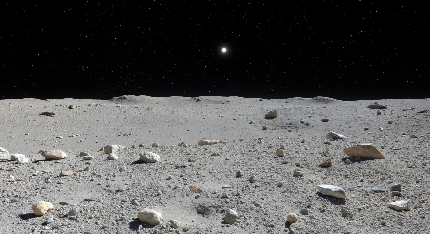 Vor Ihnen breitet sich eine helle, sanft gewellte Ebene aus feinem Regolith, Kieseln und vereinzelten rundlichen Brocken aus, deren körnige Oberfläche im harten Sonnenlicht durch messerscharfe, tintenschwarze Schatten unter jedem Stein plastisch hervortritt. Die glatte Senke zeigt die typische Sortierung eines Geröllhaufen-Asteroiden: In der extrem schwachen Schwerkraft wandern feinere Körner in tiefer liegende Bereiche, während gröbere chondritische Fragmente, halb eingebettete Pflastersteine und kleine Flecken dunkleren silikatreichen Gesteins die Fläche durchsetzen. Der Horizont liegt verblüffend nah und krümmt sich sichtbar nach unten, sodass jede leichte Erhebung nur wenige Meter hoch wirkt und die winzige Größe dieser luftleeren Welt unmittelbar spürbar wird. Über allem spannt sich ein vollkommen schwarzer Himmel ohne Dunst oder Wolken, in dem die Sonne als grellweiße Scheibe steht – eine stille, trockene Landschaft aus gewöhnlichem Chondritmaterial, die zugleich geologisch vertraut und völlig außerirdisch erscheint.