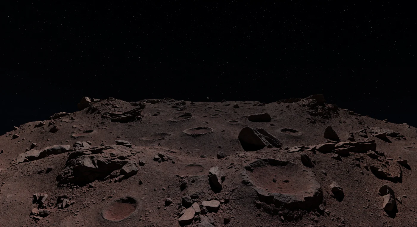 Vor Ihnen erstreckt sich ein zerklüftetes Hochland aus dunklem, maronen- bis rostbraunem Regolith und porösem Fels, dessen scharf gebrochene Blöcke, überlappende Einschlagkrater und brüchige Kanten im schwächsten Sternenlicht gerade eben aus der Schwärze hervortreten. Die unregelmäßige Horizontlinie wirkt überraschend dramatisch, weil die winzige Schwerkraft auf diesem kleinen, stark vernarbten Körper steile Reliefs, lockere Schutthalden und prekär aufragende Felsbrocken bestehen lässt, während feinerer dunkler Staub sich in Senken gesammelt hat. Ohne Atmosphäre, Wolken oder Dunst ist der Himmel ein tiefschwarzes Vakuum voller gestochen scharfer Sterne; weder Sonnenlicht noch planetarer Schein erreichen diese rückwärtige Nachtseite, sodass die Landschaft fast völlig lichtlos bleibt und nur zarte Konturen an nahen Kraterrändern und Gesteinskanten sichtbar werden. Die rötlich dunkle Färbung und die ungewöhnlich schwache, offenbar sehr poröse Kruste verraten eine oberflächlich stark von Einschlägen umgearbeitete Welt, klein im Maßstab und doch von einer rauen, fremdartigen Monumentalität.