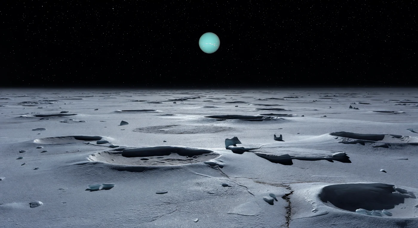 Unter einem sternüberfüllten, vollkommen schwarzen Himmel erstreckt sich eine winterliche Polarebene aus hellem, blauweißem Wassereis-Regolith, durchmischt mit feinem dunklerem silikatischem und kohlenstoffreichem Staub, dessen alte Schichten in schmalen dunklen Nähten unter der Reifkruste hervorschimmern. Das einzige Licht kommt als schwacher, geisterhaft cyanblauer Widerschein von der fernen Planetenscheibe am Himmel und legt einen kalten Glanz auf Frostkristalle, niedrige abgeflachte Kraterränder, flache Einschlagmulden, kantige Eisblöcke und zarte tektonische Rillen, während die schwerkraftarme Oberfläche selbst kleine Formen ungewöhnlich scharf und klar hervortreten lässt. Diese Ebene wirkt still und unverändert, weil es hier weder Atmosphäre noch Dunst, Wolken oder Wetter gibt: Schatten bleiben tiefschwarz, alle flüchtigen Stoffe sind fest gefroren, und nichts bewegt sich außer dem Blick über die weite, nur von Entfernung und Dunkelheit verschluckte Fläche. Man steht in einer Landschaft aus uraltem Eis und gefrorenem Staub, geformt von Einschlägen und einstiger tektonischer Dehnung, zugleich von fast blendender Helligkeit und absoluter Finsternis — eine leere, kristalline Welt im endlosen Polarwinter.