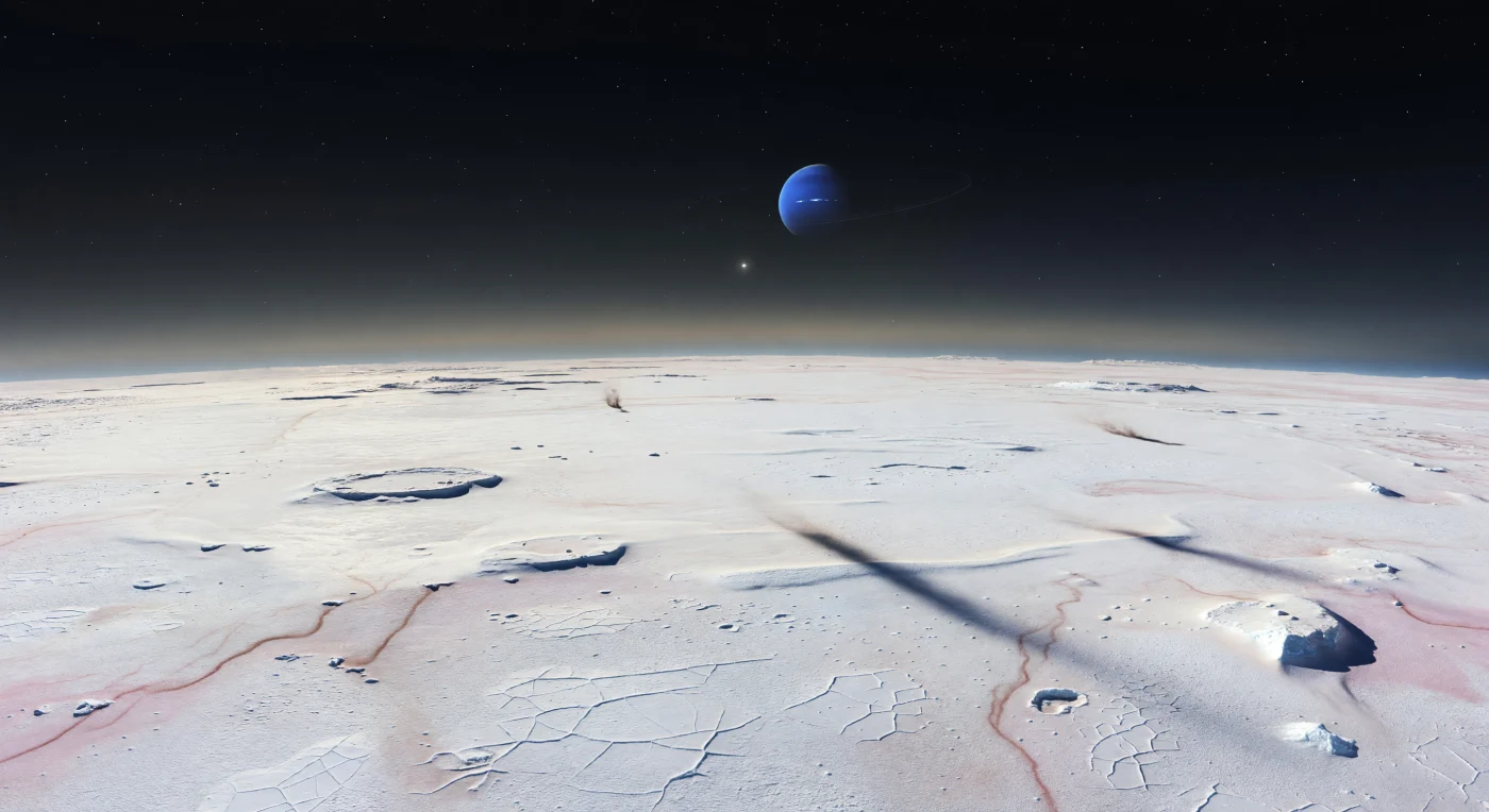 Vor Ihnen breitet sich eine ungeheure südpolare Ebene aus flüchtigem Eis bis zu einem auffallend nahen, stark gekrümmten Horizont aus: eine helle Kruste aus Stickstofffrost, durchsetzt mit cremefarbenen und zart rosigen Tönen von methanreichem Reif, aus der hier und da härteres Wassereisgestein hervorragt. Im Vordergrund zeichnen polygonale Frostplatten, spröde Risse, flache Sublimationsmulden, niedrige Eisrücken und vom Wind verfrachtete Wellen dunklen organischen Staubs eine kryogene Oberfläche, die bei Temperaturen weit unter dem Gefrierpunkt selbst für Stickstoff langsam umgeformt wird; langgestreckte dunkle Ablagerungsstreifen verraten zudem Material aus aktiven Stickstofffontänen irgendwo jenseits des Blickfelds. Über dieser fast luftleeren, nur von einem schwachen ambergrauen Dunstband am Horizont gesäumten Landschaft steht in einem ansonsten schwarzen Himmel die ferne Sonne als winziger, greller Lichtpunkt und wirft messerscharfe, lange Schatten über das Frostfeld. Hoch darüber hängt die riesige tiefazurblaue Scheibe des Mutterplaneten beinahe reglos am Himmel, mit kaum wahrnehmbaren feinen Ringbögen daneben – ein Anblick, der die extreme Kälte, die geringe Schwerkraft und die fremdartige Ruhe dieses aktiven Eisreichs überwältigend spürbar macht.