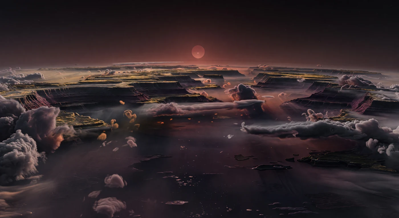 Am festen Dämmerungssaum schwebt man über einem bodenlosen Meer aus dichter Wolke, während sich am gesamten Horizont eine ungeheure Steilwand aus Atmosphäre erhebt: scharf gebänderte Schichten aus kohligem Grau, bronzenem Amber, gedämpftem Mauve, rußigem Kastanienrot und tiefem Pflaumenviolett, zerfurcht von Nebelterrassen, turbulenten Wülsten und überhängenden Dampffahnen. Knapp über dem Horizont steht die rötlich-orange Scheibe des Muttersterns nahezu unbeweglich am Himmel und taucht die dem Tag zugewandte Flanke dieser Wolkenklippen in rostrote, glimmend goldene Töne, während die Gegenseite in violettschwarzer Dauernacht versinkt. Die Szenerie zeigt keine Felsen, keine Kontinente und keinen festen Untergrund, sondern die oberen Schichten einer wasser- und gasreichen subneptunischen Welt, deren wasserstoffreiche Atmosphäre mit Methan, Kohlendioxid und photochemischem Dunst das Licht weich streut und breite, laminar geschichtete Strömungsbänder formt. So wirkt die Landschaft zugleich vertraut und völlig fremd: eine planetenumspannende Wetterfront von kontinentaler Größe, in der winzige Wirbel im Vordergrund gegen Wolkentürme von vielen Kilometern Höhe und die ferne Krümmung einer verborgenen Welt antreten.