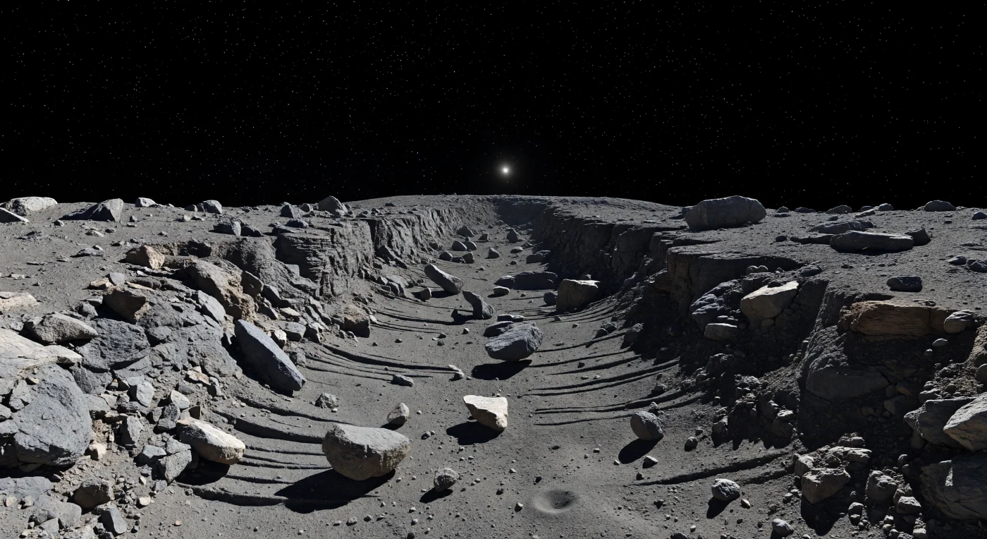 From the floor of this equatorial trough, steep, ruler-straight fault scarps of gray to charcoal basaltic crust rise on either side, their fractured ledges and blocky talus lit by harsh side sunlight that cuts every edge into stark relief. Underfoot lies a hummocky plain of fine regolith—crushed basalt, pyroxene-rich dust, sharp pebbles, and scattered boulders—scored by parallel grooves and dotted with small impact pits, where precariously perched slabs and loose ejecta blocks hint at the grip of gravity only a few percent as strong as Earth’s. These giant trenches were opened by global stresses after immense impacts shook and deformed the crust, exposing the layered remains of an ancient differentiated world whose surface once formed from molten rock. Above the scarps the sky is a pure black vacuum pricked with unwavering stars, while the horizon curves away so quickly that the trough seems to bend around the body itself, making the landscape feel at once intimate underfoot and planetary in scale.