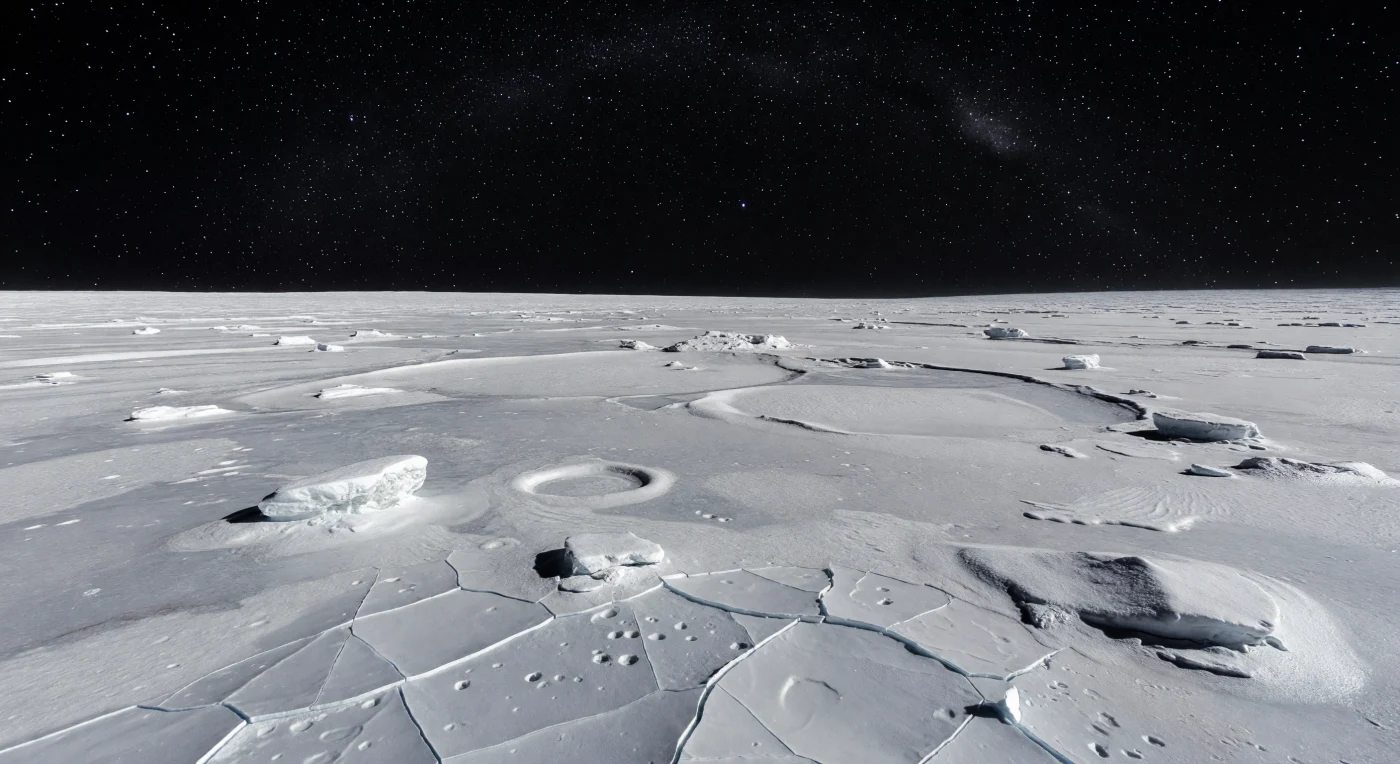An immense plain of nitrogen frost stretches in every direction, so level and bright that the horizon curves upward surprisingly close, revealing the small scale of this frozen world. At your feet, the surface breaks into crisp polygonal plates, narrow troughs, scalloped pits, and low ridges where nitrogen ice and a thin glaze of methane frost have been reshaped by slow sublimation and redeposition in temperatures near 40 K, while a few angular blocks of harder water ice protrude through the volatile veneer. The sunlight here is astonishingly weak yet unforgiving, arriving from a tiny brilliant Sun that casts razor-sharp black shadows across silver-white crust and glassy highlights across the frost. Above, with no real atmosphere to soften anything, the sky is pure vacuum-black and crowded with stars, making the landscape feel silent, pristine, and cryogenically preserved at the edge of sunlight itself.