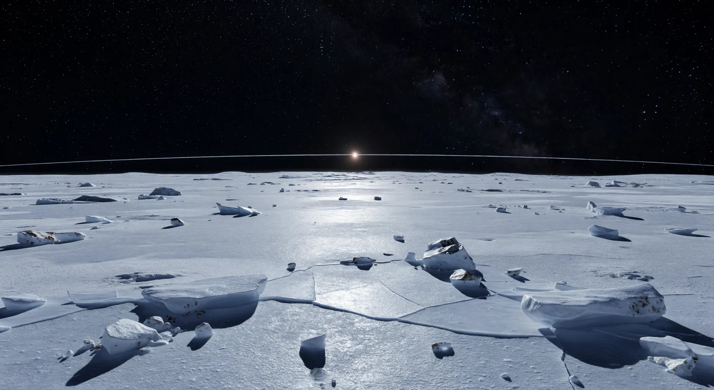 At equatorial noon, an immense plain of bluish-white crystalline water ice gleams like broken glass, its hard crust split into polygonal plates and scattered with angular blocks whose sharp edges have survived unchanged in the airless cold. The horizon curves away strikingly fast under a pitch-black sky, a reminder of the world’s small size and rapid rotation, while a tiny, dazzling Sun casts razor-edged blue-black shadows across frost veneers, shallow impact pits, and low ridges of uplifted ice. Here, at roughly 40 kelvin, there is no wind, no liquid, and no erosion—only ancient impact debris, slow regolith migration in weak gravity, and a surface dominated by highly reflective crystalline water ice with occasional darker rocky fragments from long-ago collisions. Overhead, stars and the Milky Way remain visible in full daylight, and a narrow ring slices across the sky as a perfectly thin luminous line, making the frozen landscape feel both pristine and profoundly alien.