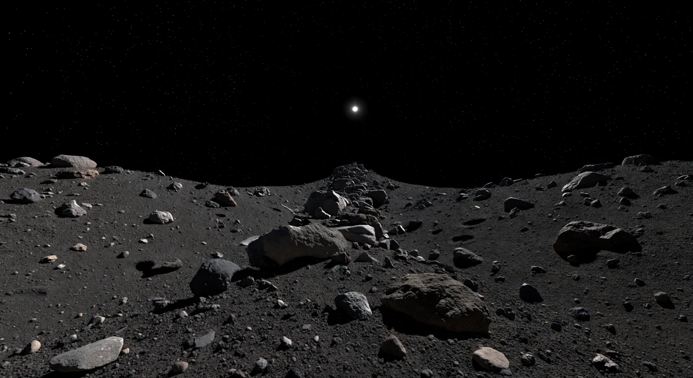 From the crest of the equatorial ridge, you would be standing on a jagged spine of charcoal-dark rubble where fractured meter-scale boulders, loose gravel, and dust fill every gap, and the ground falls away abruptly to both sides toward a horizon so close and curved it betrays the body’s tiny scale. The rocks are among the darkest in the Solar System, rich in primitive carbon-bearing material with subtle brown-gray hints from hydrated minerals, while the scarcity of coherent bedrock reveals a loosely bound rubble pile assembled from shattered fragments rather than a single solid mass. In the airless vacuum, sunlight arrives harsh and unsoftened, carving razor-edged black shadows across every crack and pebble and leaving the sky absolutely black even at midday. Perched stones, faint pebble trails, and the precarious balance of the slope all speak to gravity so weak—and rotation so influential—that even slight disturbances can shift material across this miniature, ancient landscape.