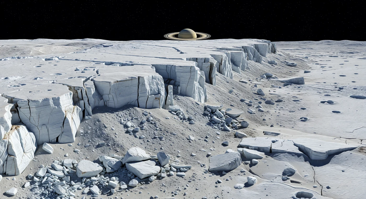 A ras del suelo, el paisaje está dominado por una inmensa escarpa tectónica de hielo de agua brillante que se eleva en terrazas rotas, planos de fractura casi verticales y cornisas afiladas, mientras a sus pies se extiende un talud de losas angulosas, cantos escarchados y polvo helado gris pálido compactado entre los bloques. La iluminación lateral de un Sol pequeño y lejano hace que las superficies recién expuestas reluzcan con un blanco casi cegador, pero hunde grietas, socavones y hendiduras en una negrura absoluta propia del vacío, sin atmósfera que suavice sombras ni horizonte. Estas paredes escarpadas y los derrubios apilados con ángulos improbables revelan una corteza helada quebrada por fallas y tensiones antiguas en una gravedad ínfima, donde el terreno conserva bordes agudos, regolito helado seco y señales de bombardeo meteórico sobre una llanura vieja y fracturada. Sobre el horizonte craterizado cuelga Saturno, enorme y sereno, con sus anillos extendidos como una arquitectura imposible, añadiendo a la escena una sensación de escala sobrehumana y de frío geológico suspendido en el tiempo.