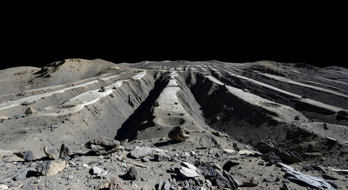 A ras del suelo, el paisaje se organiza en largas crestas y surcos casi paralelos que atraviesan la llanura como una inmensa chapa de piedra corrugada, con lomos claros cubiertos de polvo eyectado y trincheras tan profundas que se hunden en una negrura absoluta bajo la luz oblicua del Sol. Entre bloques angulosos, afloramientos brechificados y losas basálticas fracturadas, se distinguen pequeños cráteres recientes, capas expuestas y manchas oscuras de material exógeno, mientras el regolito gris beige parece deslizarse lentamente por pendientes inestables en una gravedad tan débil que algunos peñascos permanecen encaramados de forma casi increíble. Estas formas son cicatrices de un cuerpo rocoso diferenciado, donde la corteza basáltica fue tensada y rota por impactos gigantes, dejando cinturones de canales y dorsales que registran la violencia de su historia temprana. Sin atmósfera que suavice la escena, el cielo es un vacío negro sembrado de estrellas nítidas incluso a plena luz, y el horizonte cercano, visiblemente curvado, hace que paredes de apenas decenas de metros se sientan monumentales, como si estuvieras dentro de una herida tectónica abierta en un pequeño mundo.
