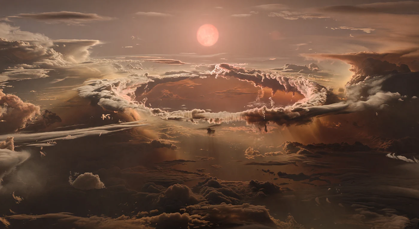 Ante ti se abre una herida casi circular en el océano global de nubes: un borde gigantesco de bruma crema, cobre y rosa anaranjado rodea un pozo que desciende cientos de kilómetros hacia capas cada vez más oscuras de neblina parda, bandas de bronce y penumbra color carbón, sin rastro alguno de suelo firme. Los muros de vapor, estratificados y convectivos, se elevan como acantilados atmosféricos de escala continental, mientras filamentos de condensado y células turbulentas diminutas en comparación se curvan hacia el vacío, revelando la inmensidad de una atmósfera densa, rica en agua y elementos pesados, cubierta por nubes y aerosoles que difuminan la luz. A través de esa calina luminosa brilla un disco estelar rojizo enorme, suavizado por la niebla, tiñendo todo con tonos cálidos de albaricoque, siena y ámbar y enviando débiles rayos crepusculares al abismo. Aquí no hay horizonte ni paisaje sólido: solo profundidad sobre profundidad en una envoltura caliente y volátil, donde la materia desciende hacia regiones de presión extrema y posibles fluidos supercríticos ocultos mucho más abajo.
