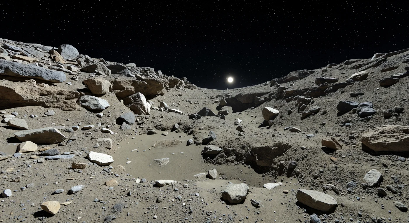 Desde el angosto cuello del asteroide, el terreno se extiende como un corredor en forma de silla donde finos regolitos migrados se acumulan en depresiones someras entre bloques angulosos, guijarros y peñas parcialmente enterradas, todos en tonos gris beige y pardo apagado propios de una superficie silicatada de tipo condrita ordinaria. A un lado, una ladera rocosa se alza como un acantilado en miniatura de apenas unas decenas de metros, mientras al otro el suelo cae bruscamente hacia un horizonte intensamente curvado y cercano, revelando de inmediato el diminuto tamaño y la extraña silueta bilobulada de este cuerpo de escombros. La iluminación lateral del Sol, sin atmósfera que la suavice, talla sombras absolutamente negras y perfiles cortantes, y hace brillar las caras frescas de las rocas fracturadas bajo un cielo vacío donde las estrellas permanecen nítidas incluso a plena luz. Todo aquí habla de una gravedad casi inexistente: cantos precariamente apoyados, polvo oscuro atrapado en bolsillos protegidos y una superficie porosa e inestable modelada más por la lenta migración de partículas y la reacumulación de fragmentos que por cualquier proceso terrestre familiar.