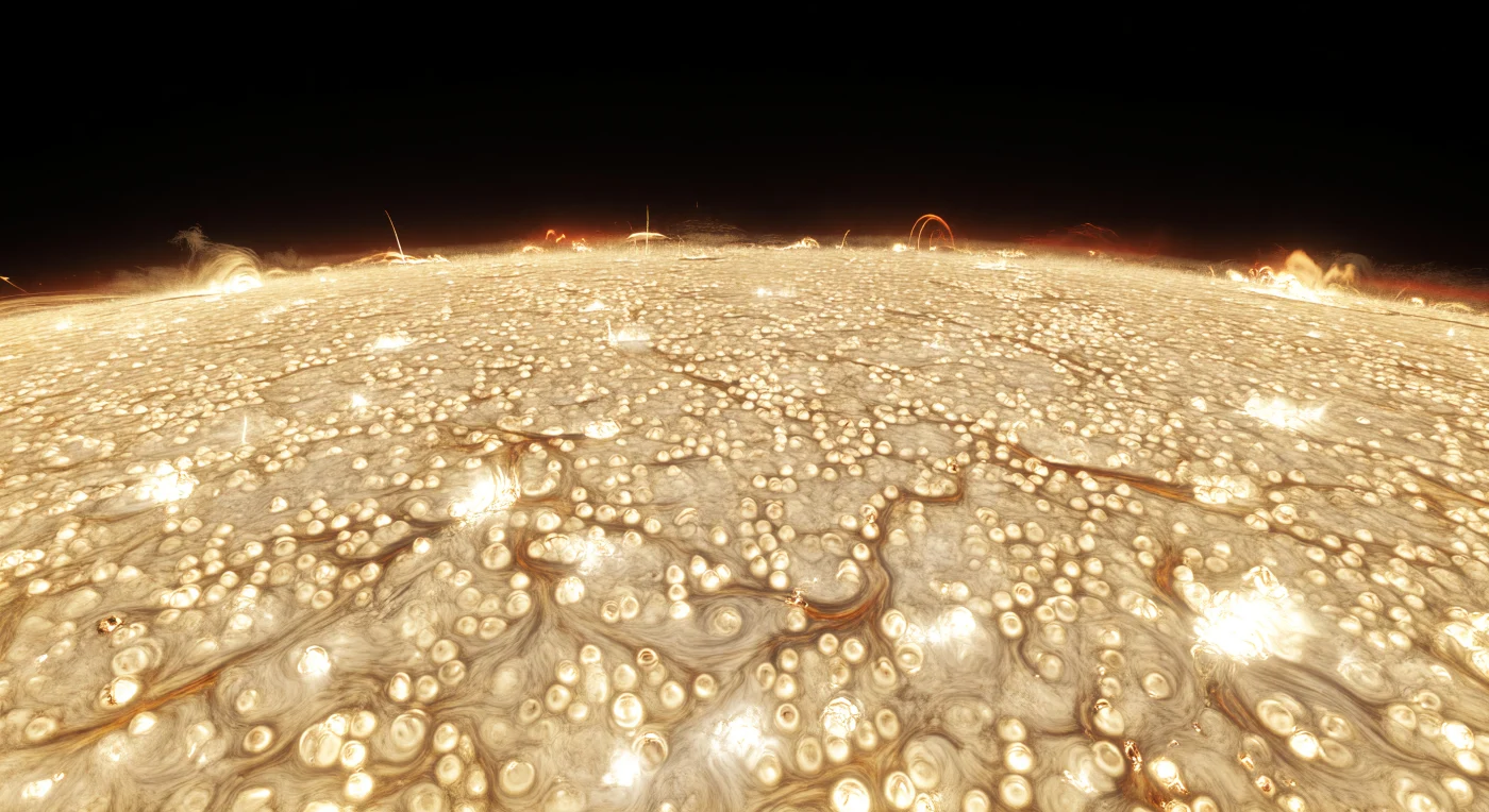 Desde una plataforma hipotética apenas por encima de la fotosfera, el horizonte se curva como un océano de espuma incandescente, formado por enormes celdas convectivas de plasma blanco, dorado pálido y crema que hierven y colapsan sin descanso. Cada gránulo, de alrededor de 1.000 km de ancho, marca la cima de una burbuja de material más caliente que asciende, mientras las estrechas franjas intergranulares, más oscuras y ámbar, revelan plasma relativamente más frío que desciende bajo la intensa gravedad y el dominio del campo magnético. Sobre ese “paisaje” sin roca, sin polvo y sin superficie sólida, el negro absoluto del espacio queda atravesado por un deslumbrante resplandor blanco-oro, con una franja cromosférica rojiza muy tenue, espículas de plasma como agujas y un halo coronal difuso que subraya la inmensidad y la violencia térmica del entorno. Todo parece inmóvil solo por un instante, como una fotografía tomada a velocidad extrema, pero cada borde y cada brillo denuncia una estrella viva, turbulenta y descomunal.
