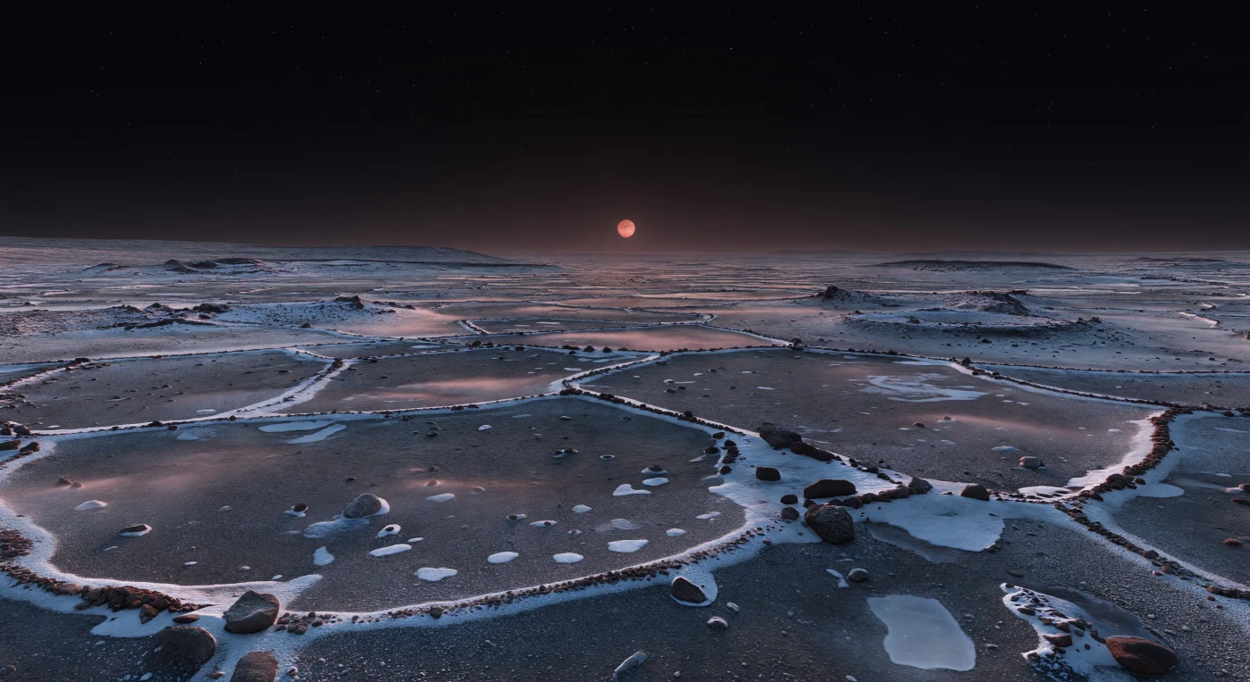 Ante ti se extiende una llanura de permafrost poligonal aparentemente interminable, donde el regolito basáltico gris carbón y los fragmentos de roca oscuro ferruginosa están cementados por hielo y divididos en grandes mosaicos irregulares por grietas someras bordeadas de escarcha azul blanquecina. La débil luz rasante, rojiza y rica en infrarrojo de la enana roja, fija sobre el horizonte del terminador, acaricia de lado las crestas de presión, los bordes de piedras ordenadas y los cantos angulosos, mientras en las depresiones más frías brillan velos translúcidos de hielo de agua y posibles escarchas de CO2 u otros volátiles. Este patrón es coherente con un terreno sometido durante tiempos inmensos a fracturación criogénica, sublimación y deformación del subsuelo helado bajo una atmósfera extremadamente tenue, capaz apenas de suavizar las sombras y sostener una bruma baja de cristales de hielo. Bajo un cielo casi negro, donde aún persisten estrellas y apenas un resplandor color vino en la línea del horizonte, las texturas cristalinas del primer plano conducen la mirada hacia redes poligonales de kilómetros de ancho y mesas lejanas apenas visibles, haciendo que el paisaje se sienta inmenso, árido y ajeno a toda escala humana.