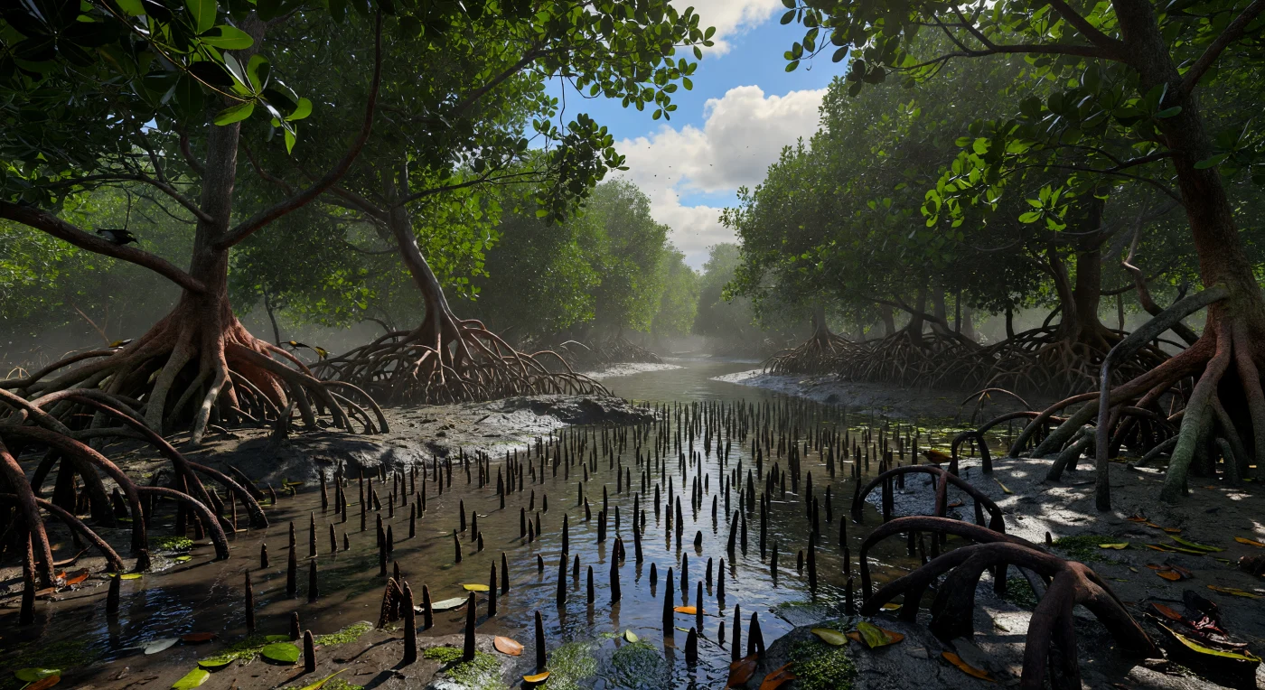 A ras del agua, el manglar se cierra como un laberinto vivo de raíces zancudas, neumatóforos y troncos ensanchados que emergen del fango anóxico, mientras la marea alta cubre parcialmente la maraña con agua salobre oscura, teñida de marrones y verde grisáceos por taninos, limo en suspensión y materia orgánica en descomposición. Bajo la copa densa de hojas brillantes, la luz solar entra a intervalos entre nubes cúmulo y claros azules, encendiendo destellos sobre la corteza húmeda y la superficie casi inmóvil, donde apenas se dibujan finas líneas de corriente hacia un estrecho canal de marea que se pierde entre la vegetación. Este ecosistema costero prospera en suelos pobres en oxígeno y alta salinidad gracias a adaptaciones especializadas: raíces aéreas para respirar, tejidos tolerantes a la sal y una arquitectura vegetal capaz de atrapar sedimentos, estabilizar la costa y crear refugio para aves, insectos y numerosas especies acuáticas. La humedad pesa en el aire como un velo cálido, el olor terroso de la descomposición parece salir del agua oscura, y la visibilidad de apenas unos metros hace que el bosque se sienta inmenso, cerrado y profundamente ajeno pese a ser plenamente terrestre.