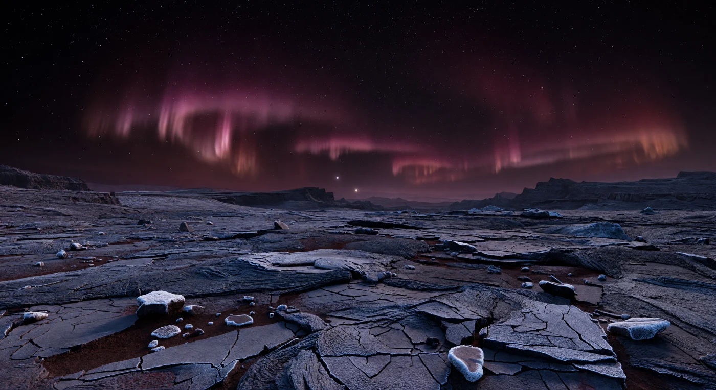 Sobre una meseta volcánica de la noche permanente, el suelo aparece como un mosaico caótico de losas de lava basáltica negra, rotas en placas afiladas y salpicadas de rocas vesiculares, donde una escarcha pálida y depósitos de volátiles congelados delinean grietas y bordes con un brillo tenue. La débil luz no viene de ninguna estrella sobre el horizonte, sino de inmensos velos aurorales en tonos magenta profundo, carmesí y rojo violáceo que barren el cielo de extremo a extremo, reflejándose apenas sobre el basalto vítreo y proyectando sombras larguísimas y suaves en un aire extremadamente tenue. Entre las placas se acumula polvo mineral oscuro de matiz pardo rojizo, mientras la meseta se desploma hacia escarpes sumidos en sombra y cordilleras dentadas que insinúan una corteza antigua, seca y repetidamente fracturada por enfriamiento, vulcanismo y meteorización en condiciones severas. La escena transmite una inmensidad silenciosa y hostil: un paisaje helado y desecado donde la actividad de una enana roja lejana excita una exosfera o atmósfera escasa, pintando la oscuridad con auroras poco comunes y dejando que solo la escarcha, la roca y las estrellas rompan la noche absoluta.