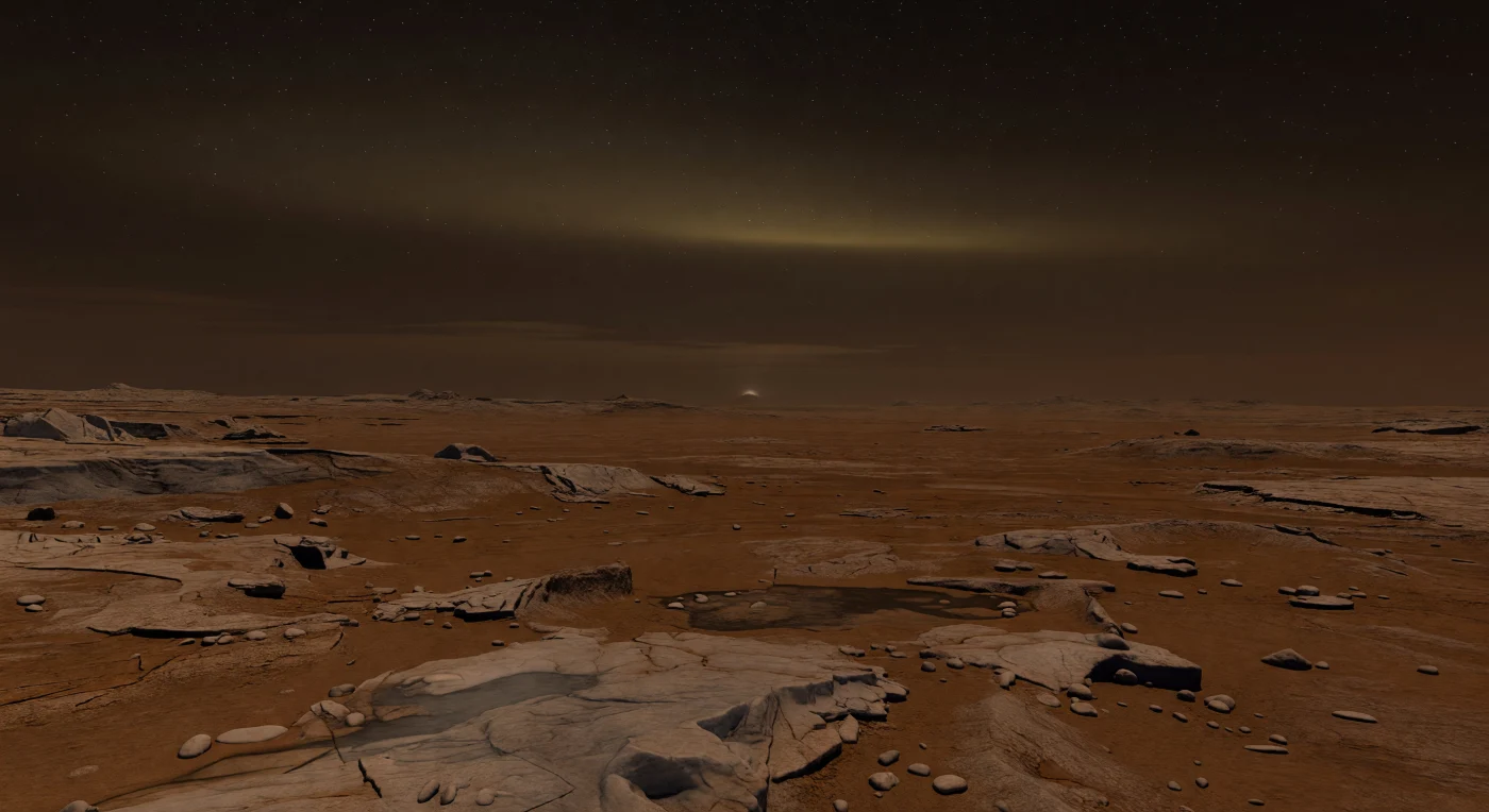 La meseta helada se extiende casi negra bajo una cúpula de bruma espesa, apenas revelada por un débil resplandor atmosférico que roza las fracturas del hielo y arranca reflejos bronce gris de los afloramientos más expuestos. A esta temperatura extrema, el hielo de agua se comporta como roca: forma bloques angulosos quebrados por gelifracción, grietas poligonales de contracción térmica, crestas bajas y depresiones someras donde se acumulan sedimentos orgánicos oscuros y una fina pátina de polvo hidrocarbonado. En la distancia, lomas suaves y colinas de hielo desvaídas se pierden en la neblina nitrogenada, mientras el cielo, de un ámbar ahumado y no del todo negro, apaga casi por completo las estrellas y deja sólo un velo alto, tenue, de brillo auroral difuso filtrado por la calina fotoquímica. Todo parece inmóvil, vasto y silencioso, como si uno estuviera de pie sobre una piedra helada en un mundo donde la geología, la atmósfera y la noche obedecen reglas familiares sólo en apariencia.