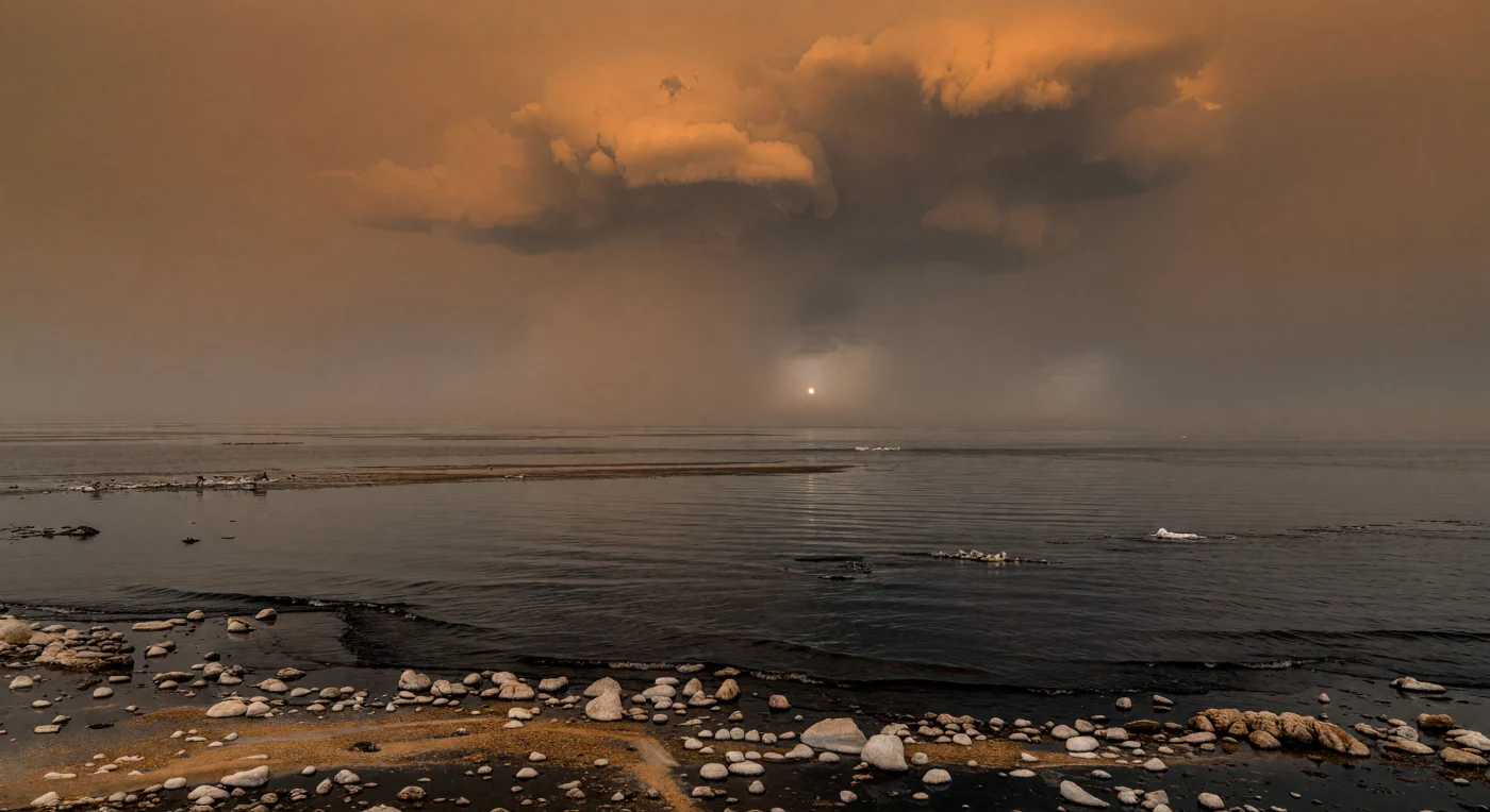 Desde una orilla baja y helada, el mar oscuro se extiende como una lámina de petróleo frío, donde pequeñas olas brillantes de metano y etano líquidos lamen cantos rodados de hielo de agua y sedimentos orgánicos ennegrecidos, mientras la costa polar apenas ondulada se pierde en una llanura inundada de escala inmensa. Aquí, a unos 94 K, el hielo se comporta como roca y los materiales hidrocarbonados forman barros, granos y depósitos que el viento y la lluvia redistribuyen lentamente, esculpiendo un paisaje sedimentario tan familiar en sus procesos como extraño en su química. Sobre el agua, una atmósfera densa de nitrógeno cargada de neblina fotoquímica tiñe todo de ámbar, sepia y gris, y un frente de nubes convectivas de metano descarga cortinas de lluvia que borran casi por completo el horizonte. La luz solar, débil y difusa tras la bruma, apenas arranca reflejos temblorosos de la superficie, de modo que mar y cielo casi se funden en una penumbra anaranjada que hace sentir al observador diminuto frente a un océano criogénico silencioso y sin fin.