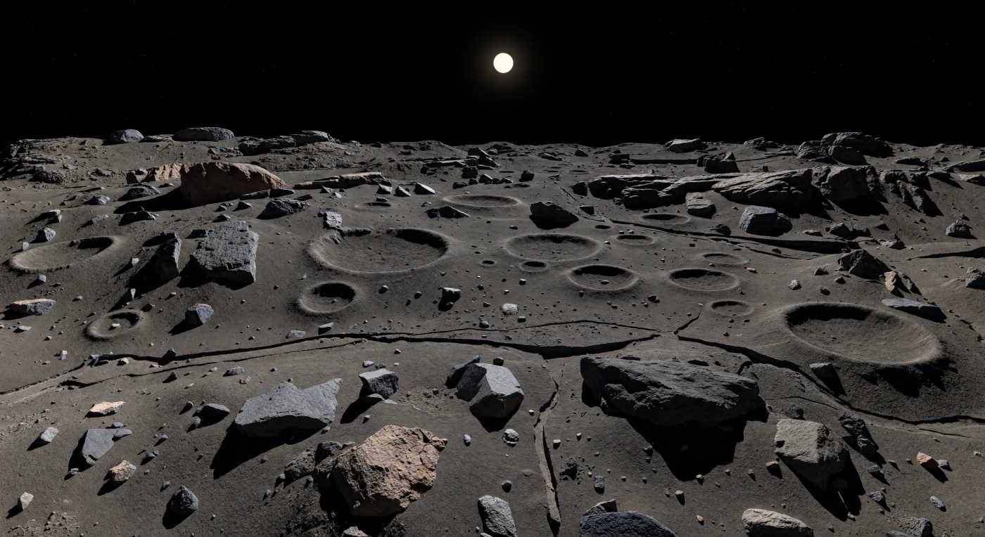 Under a small but fiercely brilliant noon Sun, the far-side uplands stretch away as a broken plain of dark charcoal regolith, overlapping meter-scale craters, and jagged slabs of fractured rock, every rim and boulder etched by razor-sharp shadows into the blackness of an airless sky. The surface looks like a battered, carbon-rich rubble world: porous breccia blocks, pebble-sized clasts half-buried in fine dust, and shallow grooves and fractures crossing hummocks whose steep edges stay improbably crisp in gravity so weak that loose material settles differently than it would on a planet. With no atmosphere to soften the light, distant ridges and cratered rises remain startlingly clear, their sharp outlines emphasizing both the tiny scale of this irregular moon and the relentless impact gardening that has churned its surface for eons. Standing here, you would feel surrounded by silence, darkness, and stone—an exposed remnant of primitive Solar System material, stripped of air, water, and weather, yet textured everywhere by collisions and dust.