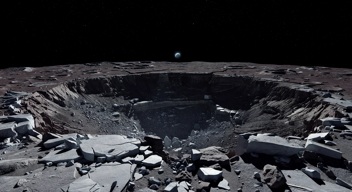 Depuis la crête disloquée d’un immense rempart d’impact, le sol apparaît comme une mosaïque de glace d’eau et de brèche sombre riche en silicates, en dalles anguleuses poudrées de givre et en blocs instables à peine adoucis par l’érosion, presque absente dans cette faible gravité et sans atmosphère. Au bord, le terrain s’effondre brutalement dans un gouffre colossal aux parois internes en terrasses, scarps fracturés et pentes d’éboulis, tandis que le fond du bassin disparaît dans une ombre noire et tranchante, découpée par une lumière solaire minuscule et dure. Plus loin, la plaine ancienne, gris rougeâtre et chargée de glace « sale », porte la cicatrice d’innombrables cratères superposés et de failles anciennes, témoins d’une surface très vieille façonnée surtout par les impacts et une tectonique lointaine. Dans le ciel parfaitement noir, sans brume ni vent pour adoucir les contrastes, le Soleil n’est qu’un point éclatant et, près de l’horizon courbe de ce petit monde, un disque bleu-vert pâle domine la scène comme une présence silencieuse et irréelle.