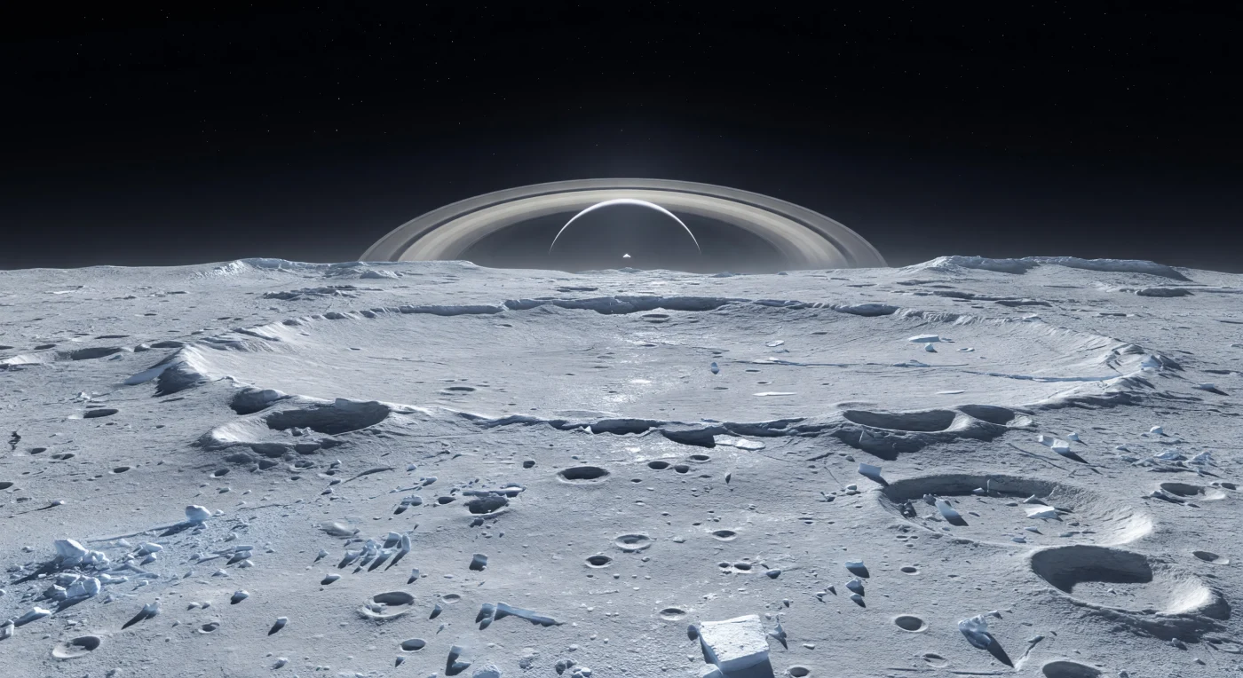 Sous un ciel d’un noir absolu, la plaine glacée s’étend jusqu’à un horizon bas, hérissée de cratères emboîtés, de bourrelets d’éjectas et de discrètes failles tectoniques qui strient un sol de régolithe ancien, pâle et gelé. La lumière directe du Soleil étant masquée, le paysage n’est plus éclairé que par la clarté froide renvoyée par la géante annelée et ses anneaux, suspendus immenses au-dessus de l’horizon, ce qui baigne les rims des cratères, les blocs de glace fracturés et les affleurements de roche glacée d’un relief argenté très doux. Dans ce vide presque sans atmosphère, les ombres restent longues mais feutrées, les arêtes demeurent étonnamment nettes sous la faible gravité, et de fines étincelles surgissent des plaques de glace propre au milieu de traînées gris sombre enrichies en contaminants. On a l’impression de se tenir sur un monde figé depuis des milliards d’années, où chaque cicatrice d’impact et chaque poussière de givre racontent l’histoire d’une surface dominée par la glace d’eau, le froid extrême et le bombardement incessant du Système solaire externe.