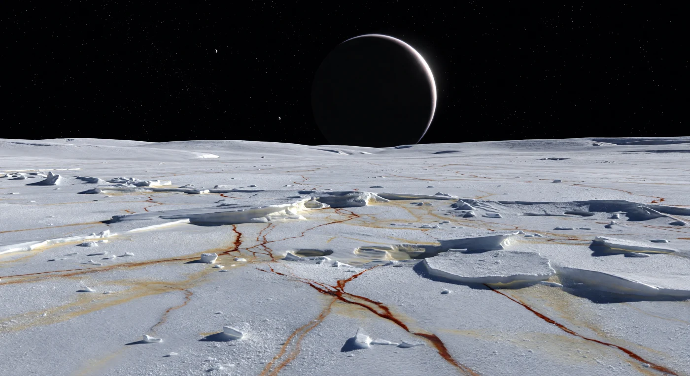 Sous l’ombre immense de la géante voisine, la plaine de glace s’étend jusqu’à un horizon bas et doucement courbé, baignée d’une lueur bleu-gris si faible que chaque relief semble taillé au couteau dans le vide noir. À vos pieds, la croûte de glace d’eau est dure, poudrée de givre cristallin et semée de blocs anguleux, tandis que de longues lineae brun rougeâtre — doubles crêtes, fractures étroites et bandes sombres — sillonnent la surface sur des kilomètres, teintées par des sels hydratés et des produits chimiques altérés par le rayonnement. Non loin, un chaos gelé de plaques disloquées et de blocs basculés, figés dans une matrice plus sombre regelée, rappelle qu’ici les forces de marée déforment sans cesse la coquille glacée au-dessus d’un océan salé enfoui, même si aucune eau liquide n’apparaît en surface. En l’absence presque totale d’atmosphère, il n’y a ni brume ni diffusion de lumière : seulement des ombres longues, des reflets froids sur les facettes du givre, des étoiles nettes comme des pointes, et dans le ciel une silhouette colossale qui domine la nuit d’éclipse, rendant ce désert gelé à la fois silencieux, jeune et profondément étranger.