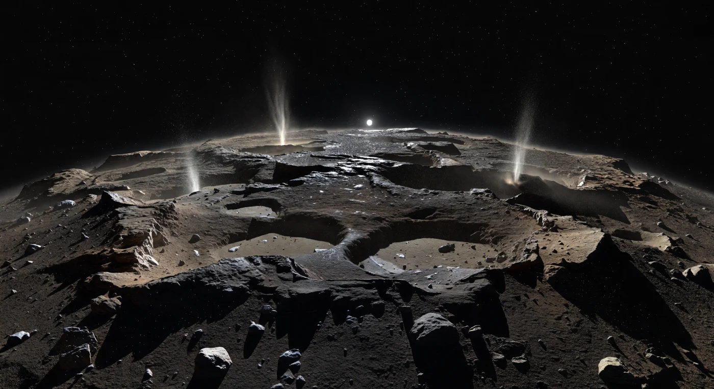 Depuis la crête déchiquetée du terminateur, le sol paraît avaler la lumière : une croûte noir brun, riche en composés organiques et plus sombre que le charbon, se brise en plaques cassantes, en gradins fracturés et en escarpements stratifiés où affleurent par endroits de minces taches de glace d’eau souillée. Sous une gravité presque inexistante, la petite surface courbe du noyau se révèle immédiatement — l’horizon est proche, les reliefs s’enroulent comme sur un monde minuscule, et des poussières fines ainsi que de minuscules cailloux semblent flotter au-dessus des bords éclairés. Au-delà de la crête, des jets isolés jaillissent de fractures et de parois de fosses : ce sont des panaches de gaz et de poussière libérés par la sublimation de glaces enfouies sous une croûte asséchée, illuminés par un Soleil bas et dur qui projette des ombres d’une netteté absolue. De l’autre côté, le terrain bascule sans transition dans un noir total, sans atmosphère ni lueur diffuse, si bien que les étoiles restent visibles au-dessus de la nuit — un contraste saisissant qui donne à ce paysage l’allure d’un fragment de matière primitive suspendu dans le vide.