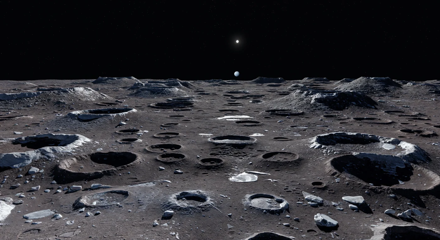 Devant vous s’étend un vaste haut plateau criblé d’impacts, où d’innombrables cratères se chevauchent et se recoupent sur une croûte antique sombre, gris rougeâtre, faite d’un mélange de glace d’eau et de matériaux silicatés. Au premier plan, le socle gelé est fracturé en dalles rigides saupoudrées d’un régolithe poussiéreux, avec quelques blocs anguleux de brèche glace-roche et de rares plaques plus pâles où une glace plus propre affleure sur les pentes à l’ombre. Plus loin, des rebords émoussés, des chaînes de petits cratères, des vestiges d’éjectas bosselés et quelques escarpements nets dessinent un relief figé depuis des milliards d’années, dans une gravité si faible que les formes semblent à la fois adoucies par le temps et étrangement intactes. Sous un ciel noir sans air, où les étoiles restent visibles loin de l’éclat du Soleil minuscule, la lumière froide taille des ombres d’un noir absolu, tandis qu’un disque cyan pâle suspendu près de l’horizon rappelle l’immense isolement de ce désert glacé et tectoniquement silencieux.
