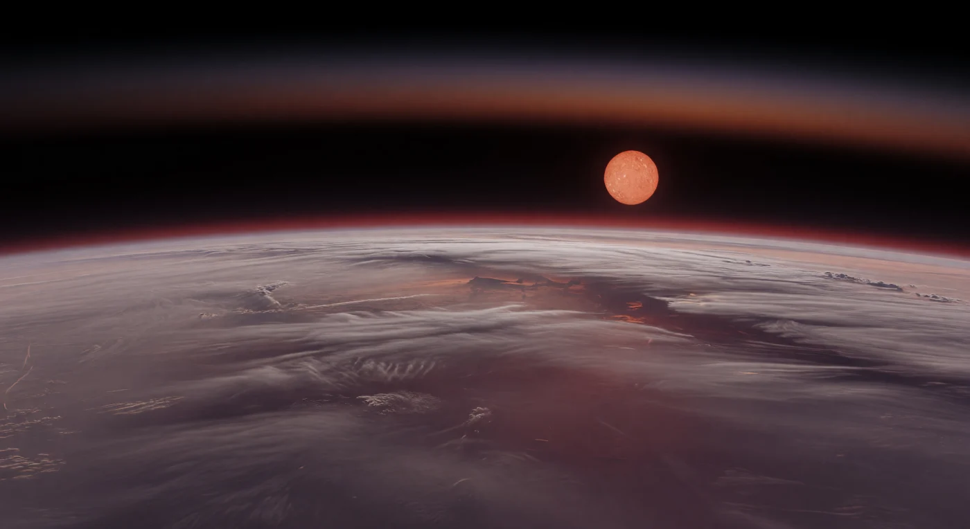 Depuis une nacelle dérivant au sommet des brumes, on découvre un monde sans sol où la courbure de l’horizon se déploie comme un immense anneau, des terrasses nuageuses gris cendre et mauve sourd glissant vers des couches plus profondes de violet fumé et de rouge lie-de-vin. Au loin, le limbe s’embrase d’une lueur cramoisie qui révèle une atmosphère épaisse, riche en aérosols et en brumes métalliques, dont les bandes stratifiées, les panaches diffus et les traînées de cisaillement témoignent d’une météorologie à grande échelle dans une enveloppe volatile très dense. Nulle montagne, nulle mer libre, nulle surface n’apparaît : sous cette couverture opaque s’étendraient plutôt des profondeurs de fluides surchauffés et d’eau à l’état supercritique, écrasées par la pression. Dans le noir de l’espace, l’étoile hôte flotte sur le côté comme un large disque orange rouge, énorme et assourdi, baignant les nuages d’une lumière cuivrée si douce que l’on a l’impression de survoler un océan atmosphérique infini à la lisière d’un crépuscule éternel.