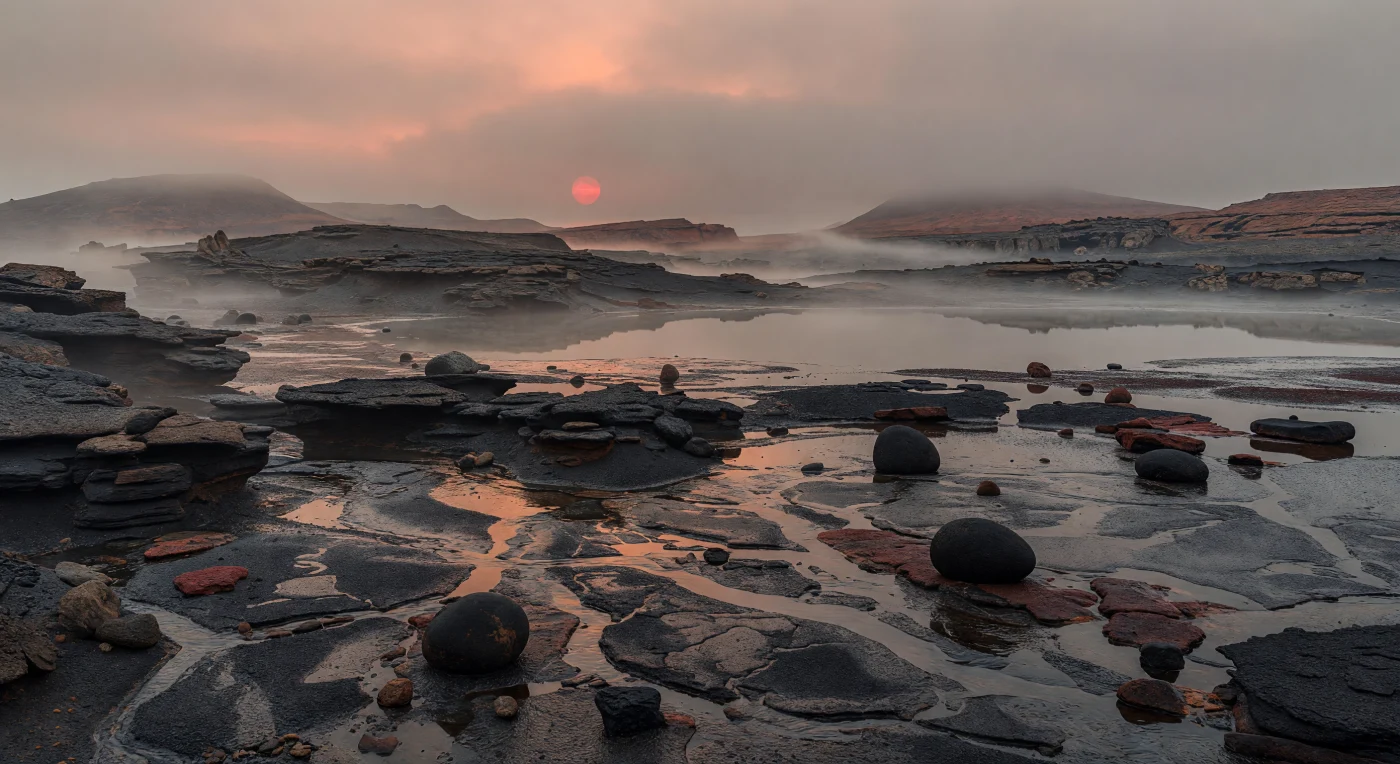 À ras du sol, le bassin humide s’étire en un entrelacs de chenaux peu profonds et de flaques lisses comme du métal, où l’eau serpente entre des sédiments basaltiques noirs, des boues gris charbon et des croûtes minérales tachées de rouille. De gros blocs de basalte arrondis, des dalles volcaniques fracturées et des motifs polygonaux de dessiccation ou de gel-dégel structurent cette plaine basse, tandis qu’au loin les parois adoucies d’un ancien bassin d’impact et des crêtes volcaniques érodées se dissolvent dans une brume argentée. Sous une atmosphère dense riche en azote, la lumière rouge-orangée d’une naine froide arrive en biais, diffuse et pauvre en bleu, si bien que les reflets prennent des teintes de cuivre, de saumon et d’argent fumé, et que les ombres se brouillent dans l’air humide. Tout paraît immense, silencieux et étrangement tempéré : un marais volcanique plausible sur une super-Terre de zone habitable, vu à travers un voile de brouillard où même l’astre, bas sur l’horizon, n’est plus qu’un disque rouge assourdi.