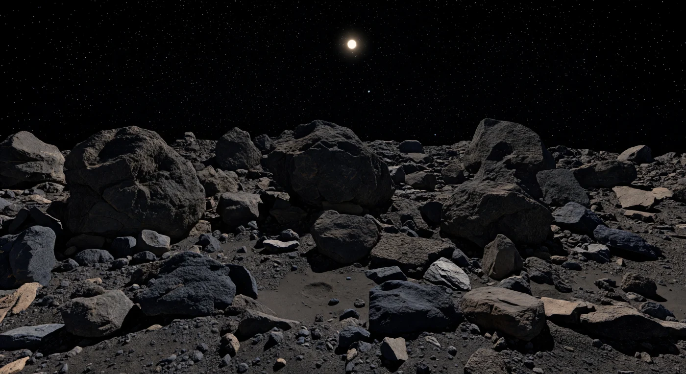 Devant vous, plusieurs blocs colossaux de 10 à 30 mètres surgissent d’une plaine saturée d’éboulis, leurs faces noir charbon, mates et fracturées, dressées comme des monolithes sur un monde minuscule. La roche, très primitive et riche en carbone, montre des textures grenues, des brèches friables et de fines fissures tranchantes; elle contient aussi des minéraux hydratés, vestiges chimiques des premiers temps du Système solaire, préservés ici sans pluie, sans vent et sans altération atmosphérique. Sous un Soleil réduit à un disque blanc implacable, la lumière crue découpe des ombres d’un noir absolu qui s’ouvrent entre les blocs comme des puits sans fond, tandis que l’horizon, tout proche et fortement courbé, rappelle la gravité presque inexistante de cet amas de débris. Tout semble à la fois gigantesque à hauteur d’homme et étonnamment petit à l’échelle planétaire, dans le silence total d’un paysage sec, noir et étrangement suspendu dans le vide.