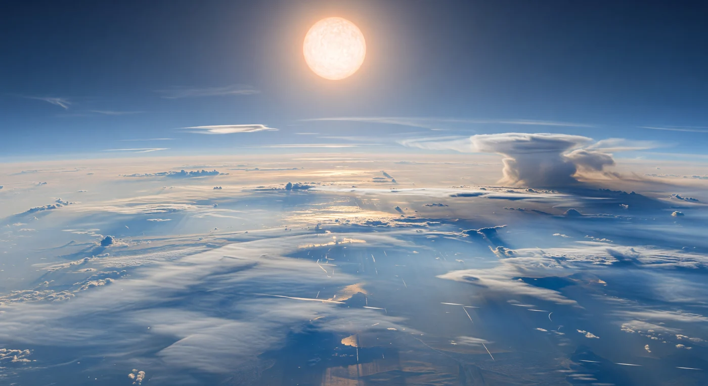 Sous une lumière écrasante, l’immense disque orange-blanc de l’étoile brûle à travers une brume bleu acier et dorée, tandis qu’au-dessous s’étend à perte de vue une plaine de nuages lisses et ondulés, faite non d’eau ni de roche mais de brumes silicatées comprimées et de condensats réfléchissants. Des bandes bleu cobalt pâle, argentées et blanc-or dessinent des crêtes basses, des lignes de cisaillement et de longues vagues aplaties, modelées par des vents supersoniques soufflant vers l’est, si rapides que de fins filaments de brume et quelques traînées presque horizontales de pluie de silicates en fusion semblent balayés de côté dans l’éclat diffus. Ici, il n’existe aucun sol solide : seulement des couches atmosphériques géantes, des trouées ultramarines laissant deviner des profondeurs plus chaudes, et une courbure lointaine noyée dans le miroitement thermique. La chaleur infernale, l’éclat sans ombres nettes et la texture quasi liquide de ces nuages minéraux donnent l’impression de flotter au-dessus d’un océan impossible, où la météorologie d’une géante gazeuse se déploie à l’échelle d’un monde.