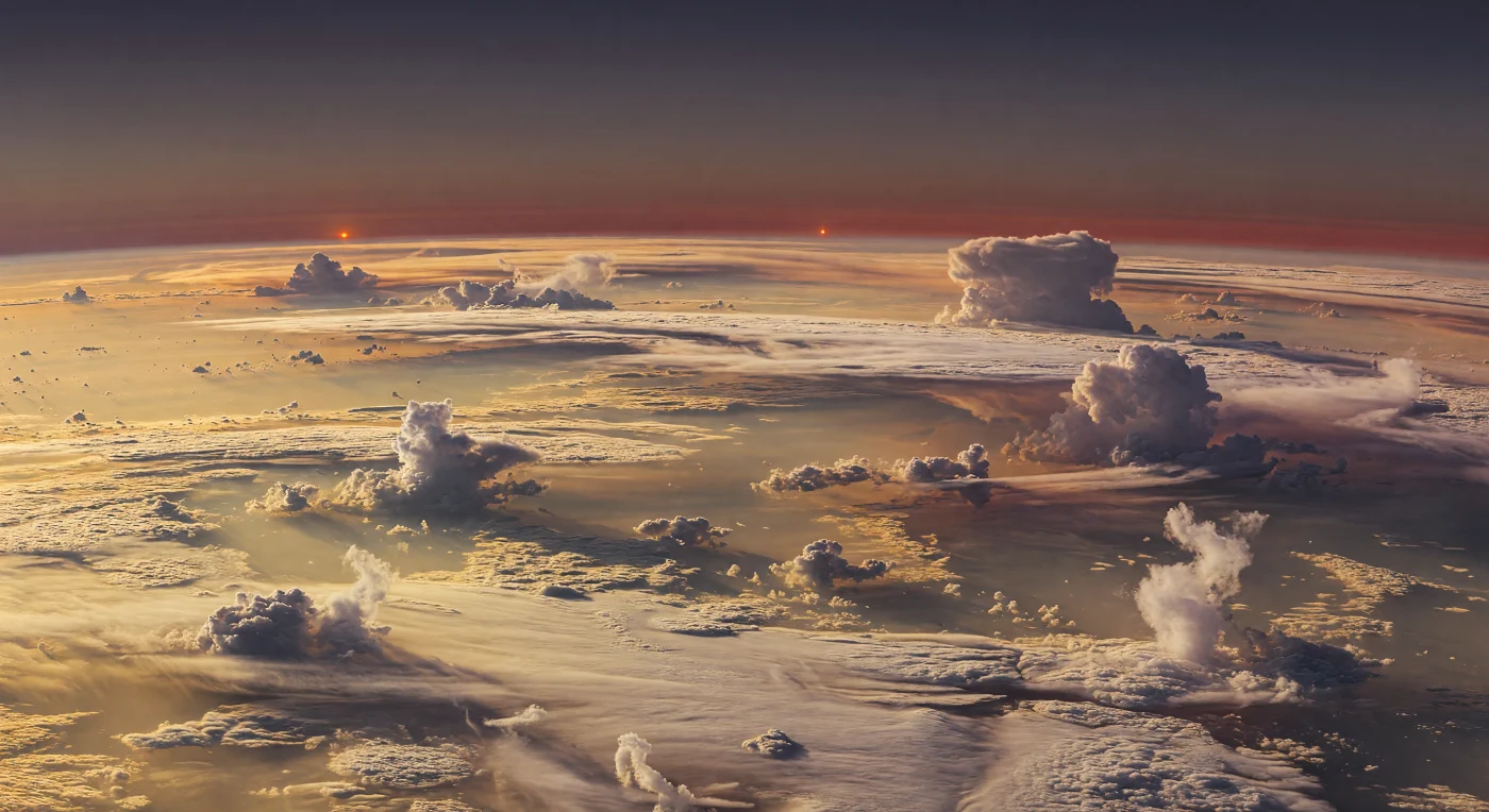 Depuis une trouée entre d’immenses remparts nuageux, le regard s’ouvre sur une plaine atmosphérique sans sol, faite de bancs stratifiés de glaces d’ammoniac et d’eau aux teintes or pâle et crème, entaillés de creux sombres, de rides en vagues, de tourbillons spiraux et de panaches d’orage en enclume qui s’élèvent sur des kilomètres. Sur cette géante froide dominée par l’hydrogène et l’hélium, la lumière suit une chorégraphie circumbinaire singulière : l’étoile orange la plus brillante a déjà disparu sous l’horizon, tandis que la compagne rouge, plus petite et plus faible, reste suspendue juste au-dessus d’une brume étagée d’ambre, de mauve et d’abricot. Le peu d’éclat qui demeure étire un long crépuscule, posant un liseré cuivré sur les crêtes des nuages et noyant les vallées de vapeur dans une ombre gris cramoisi, aux contours rendus flous par la diffusion dans l’atmosphère dense. À l’échelle de centaines de kilomètres, les terrasses nuageuses courbées épousent l’horizon et donnent l’impression de flotter au bord d’un monde immense, silencieux et profondément étranger, où tout paysage n’est que météo, chimie froide et lumière mourante.