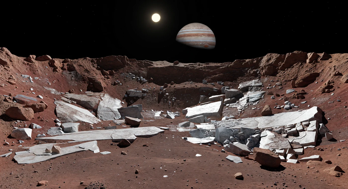 Au fond du grand cratère, le sol rouge brun, lisse par endroits puis doucement bosselé, s’étend comme une poussière rouillée de débris poreux et de brèches d’impact, seulement troublée par quelques petits blocs anguleux et des micro-cratères peu profonds. À travers cette plaine sombre surgissent de vastes affleurements éclatants, sales blancs à gris glacé, fracturés en dalles polygonales, croûtes brisées et éboulis brillants : ils pourraient révéler un matériau souterrain plus riche en glace ou simplement plus réfléchissant, exhumé par l’impact dans un corps à très faible densité, probablement riche en vides et en composants volatils. Tout autour, les parois du cratère se dressent en gradins irréguliers, falaises rougeâtres et alcôves noires figées sous une gravité infime, tandis que l’horizon tordu rappelle la petite taille et la forme difforme de ce monde. Sous un Soleil lointain, plus petit qu’au-dessus de la Terre, la lumière reste faible mais crue, taillant des ombres d’un noir absolu dans un ciel sans air, où l’immense disque bandé de la géante voisine peut dominer la scène et donner à ce paysage silencieux une grandeur profondément étrangère.
