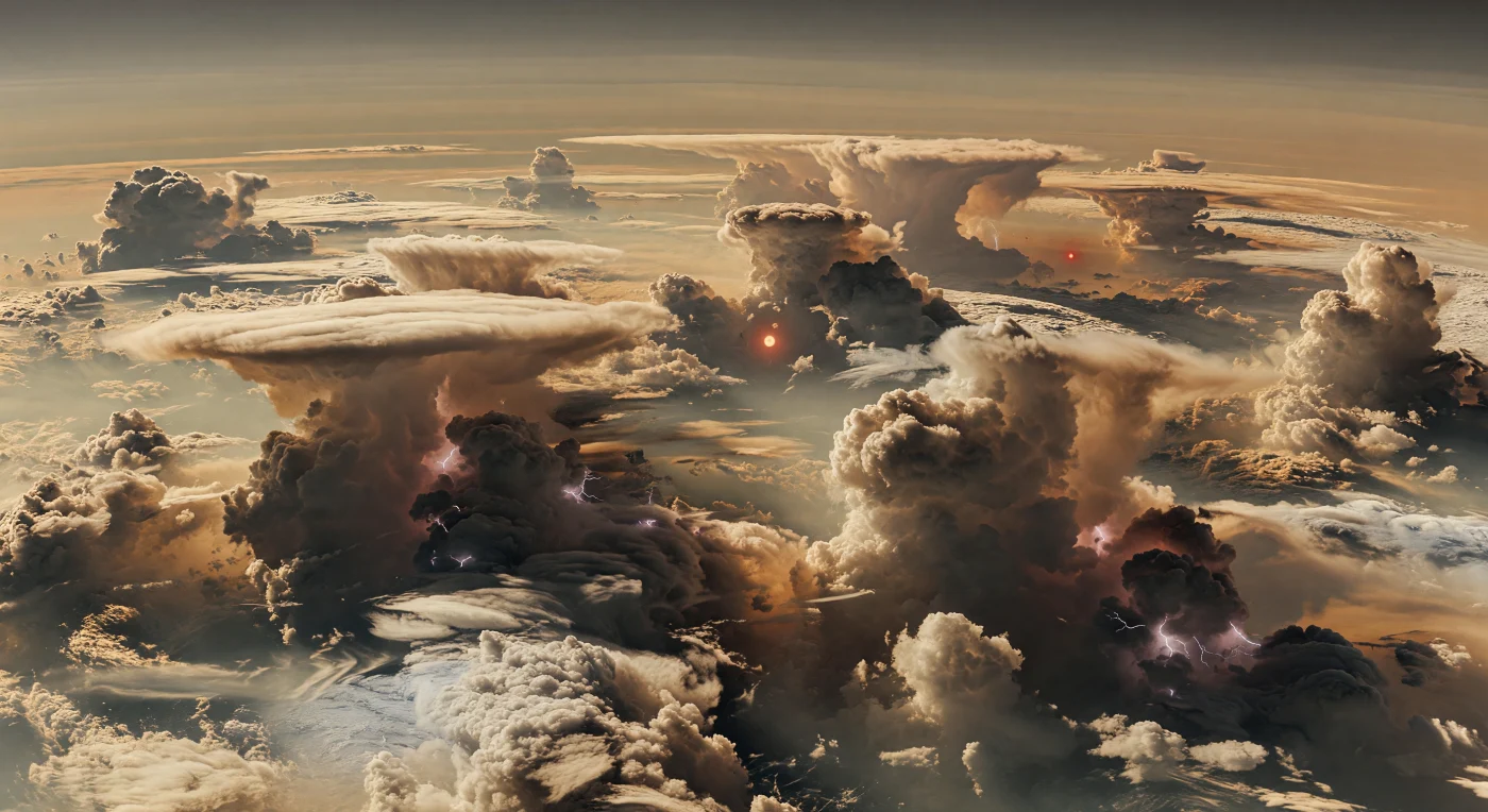 Devant vous, il n’y a aucun sol, seulement un immense océan de nuages d’hydrogène et d’hélium d’où surgissent des tours convectives colossales, hautes de dizaines de kilomètres, avec des parois brun-gris et ocre sourd qui s’élèvent comme des chaînes de montagnes dans l’atmosphère. Leurs sommets en enclume, crème et beige pâle, s’étalent sous une lumière principale orange et diffuse, tandis qu’un second soleil plus faible souligne les crêtes d’un fin liseré rouge, créant des ombres dédoublées et douces dans la brume froide. Dans les gouffres nuageux les plus sombres, des éclairs bleu-blanc et violacés clignotent fugitivement, révélant la structure interne de ces tempêtes géantes au sein d’une atmosphère proche de 180 K, où l’on s’attend à trouver des condensats d’ammoniac, d’eau et peut-être d’hydrosulfure d’ammonium. Au loin, de subtiles bandes atmosphériques trahissent de puissants courants-jets planétaires, et l’ensemble du panorama — sans rivage, sans horizon solide, seulement de la vapeur, de la profondeur et une double lumière stellaire — donne l’impression vertigineuse de flotter au bord d’un monde entièrement fait de météo.