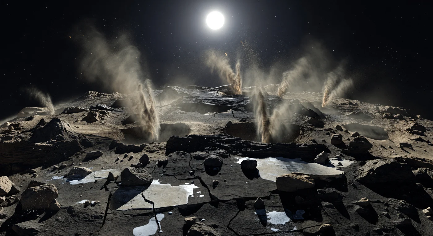Sous un Soleil dur et blanc, le sol paraît plus noir que du charbon, une croûte cométaire extrêmement sombre et riche en composés organiques, fendue en réseaux polygonaux et en crevasses tranchantes entre lesquelles affleurent par endroits de la glace sale et quelques plaques de givre pâle. Devant vous, plusieurs fractures alignées et bouches d’effondrement projettent des jets violents de gaz de sublimation chargés de poussières gris fauve et de grains carbonés, dressant un voile dense qui monte en panaches balistiques dans la très faible gravité, sans vent ni véritable météo pour le porter. L’horizon, étonnamment proche et courbe sur ce noyau minuscule et irrégulier, est hérissé de bosses abruptes, d’escarpements de 10 à 30 mètres, de blocs gros comme des maisons et de corniches surplombantes, tandis que des particules fines scintillent à contre-jour avant de retomber lentement vers la surface. Dans le ciel noir du vide, sans bleu ni brume atmosphérique, seules les ombres d’encre, les éclats cruels de la lumière solaire et ce rideau de poussière en suspension révèlent un paysage actif, fragile et étrangement vivant.
