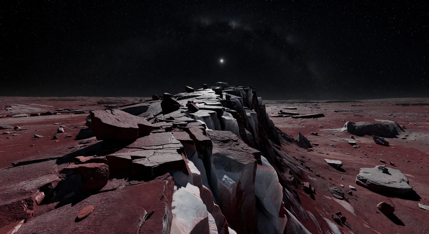 You stand on a knife-thin crest of ancient ice-rock crust, where splintered slabs and shattered polygonal plates jut upward in deep maroon and reddish-brown tones, their surfaces stained by tholin-rich organic material darkened by eons of radiation. Freshly broken scarps and fractured boulders expose paler grey-white and faint pink ice beneath this weathered skin, while enormous house-sized blocks cling improbably to the ridge, preserved in steep, brittle relief by gravity barely a few percent of Earth’s and temperatures near 40 K. Below, a broad plain of muted red regolith and frozen granular deposits stretches outward, scattered with ejecta, hummocks, and ancient secondary craters left almost perfectly intact in the airless vacuum, untouched by wind, water, or thaw. Overhead, the sky is a pure black vault crowded with sharp stars and the luminous sweep of the Milky Way, while the Sun appears only as an intensely bright point, casting faint, cold light that carves every crack into razor-edged shadow and makes the frozen landscape feel vast, silent, and profoundly remote.