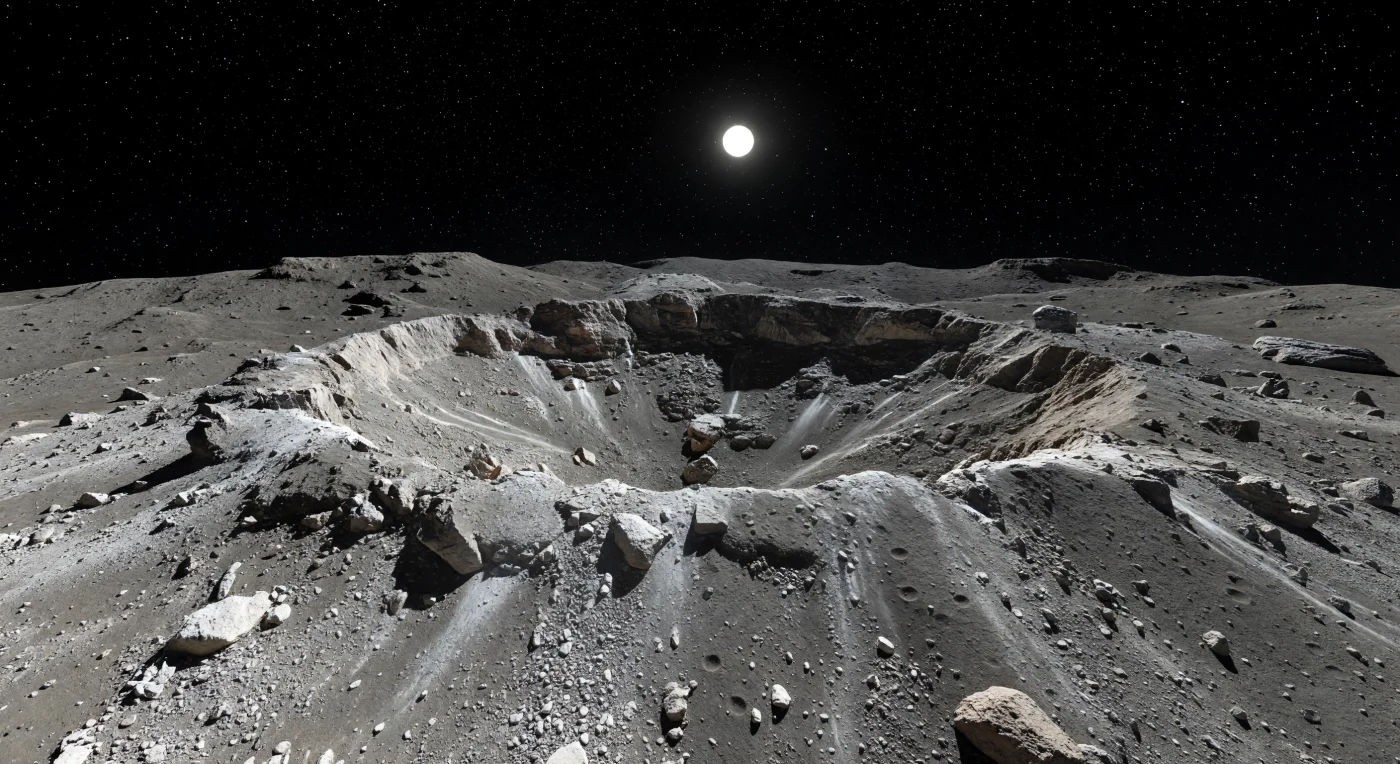 A young impact crater slices through older, darker basaltic ground here, its crisp rim rising only a few tens of meters yet looking startlingly dramatic against the strongly curved horizon of this small world. Under a pure black, airless sky, pale whitish-gray fresh ejecta—powdery dust, shattered slabs, angular boulders, and brecciated fragments—radiates outward across charcoal-toned mature regolith, while steep inner ledges expose fractured basalt lit by a smaller, hard white Sun. With no atmosphere to soften the light, sunlit faces blaze and every recess falls into absolute black shadow, making secondary pits, slump deposits, and perched blocks stand out with razor-edged clarity. You are looking at the exposed crust of a differentiated protoplanet, where recent impact excavation has unearthed fresher basaltic material from beneath space-weathered surface layers, preserving an intimate but profoundly alien record of early Solar System violence.