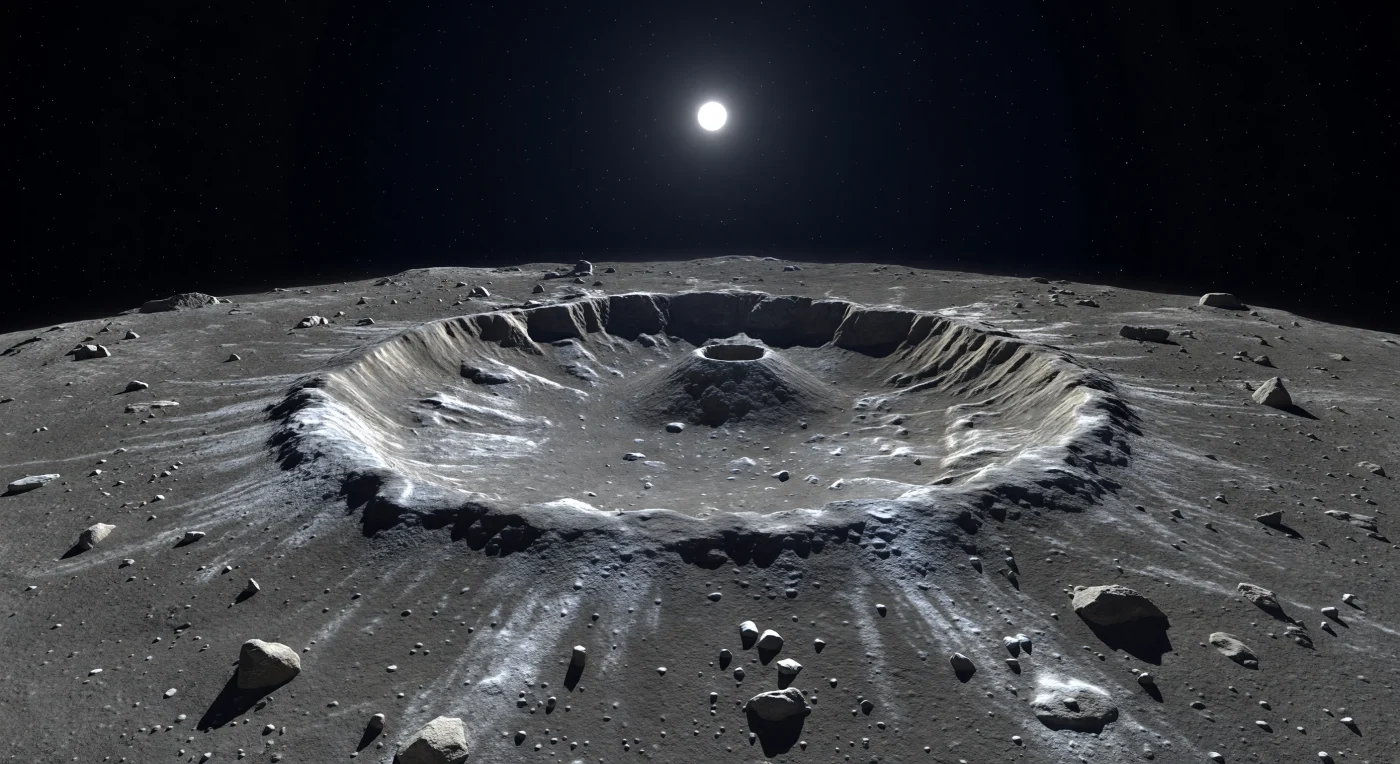 From this low vantage on the ancient plains, a sharp-rimmed crater towers ahead, its bright ejecta blanket splashed across the darker ground in striking radial streaks like a frozen explosion. Fresh, grey-white silicate debris and angular boulders lie scattered over the finer regolith, while the crater’s terraced inner walls expose stacked layers of crust with subtle brightness differences that hint at changes in composition below the surface; at the center, a steep peak rises where the impact briefly rebounded the crust like a struck bell. The stark contrast between brilliant fresh material and the older, space-weathered terrain records how micrometeoroid bombardment and solar-wind exposure gradually darken Mercury’s surface over time, even in the absence of air, water, or erosion. Above it all hangs a perfectly black sky and a hard, unsoftened Sun, so that every shadow is razor-edged and every kilometer of shattered rock feels immense, silent, and utterly alien.